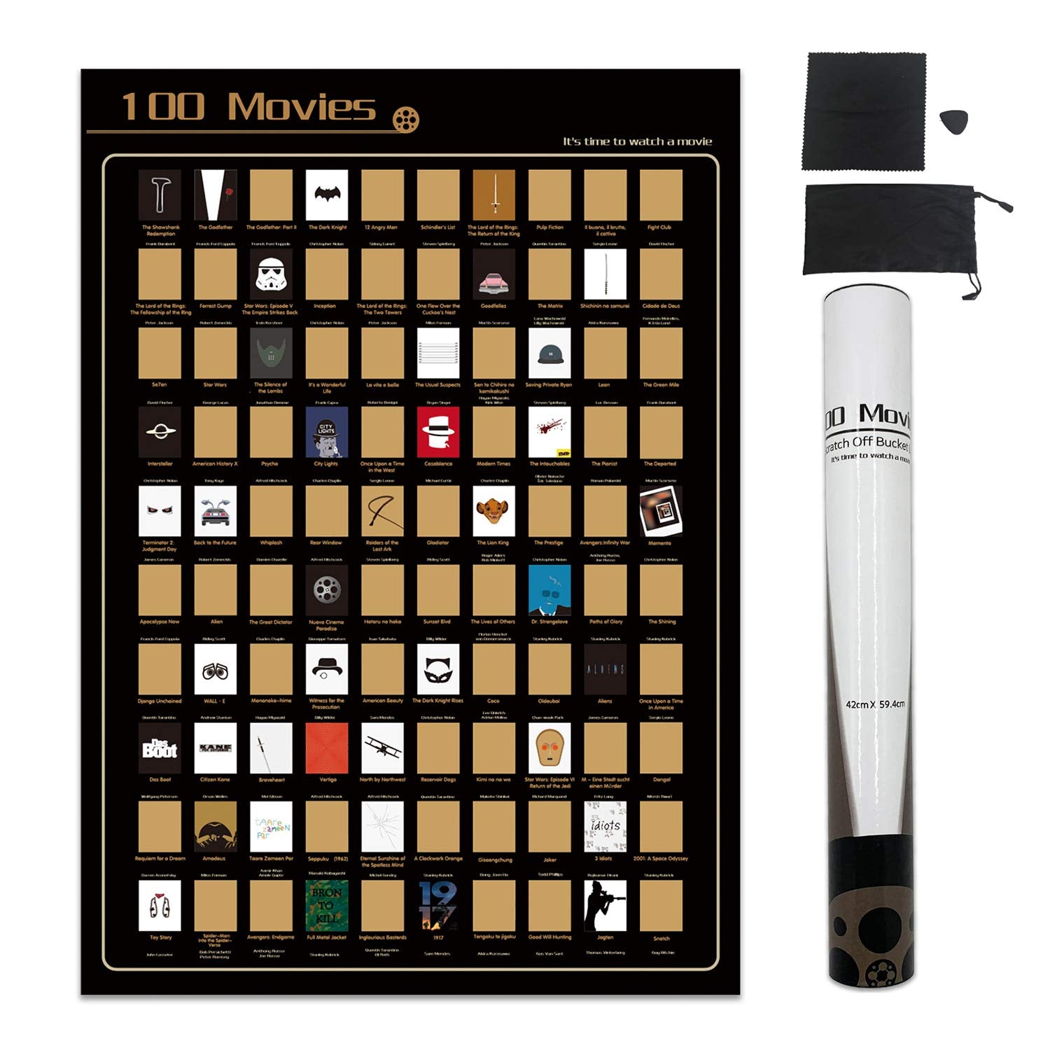 NTZS 100 Movies Scratch Off Poster - Top Films of All Time Bucket List (16.5" x 23.4") Christmas Festival Gift for Movie Lovers