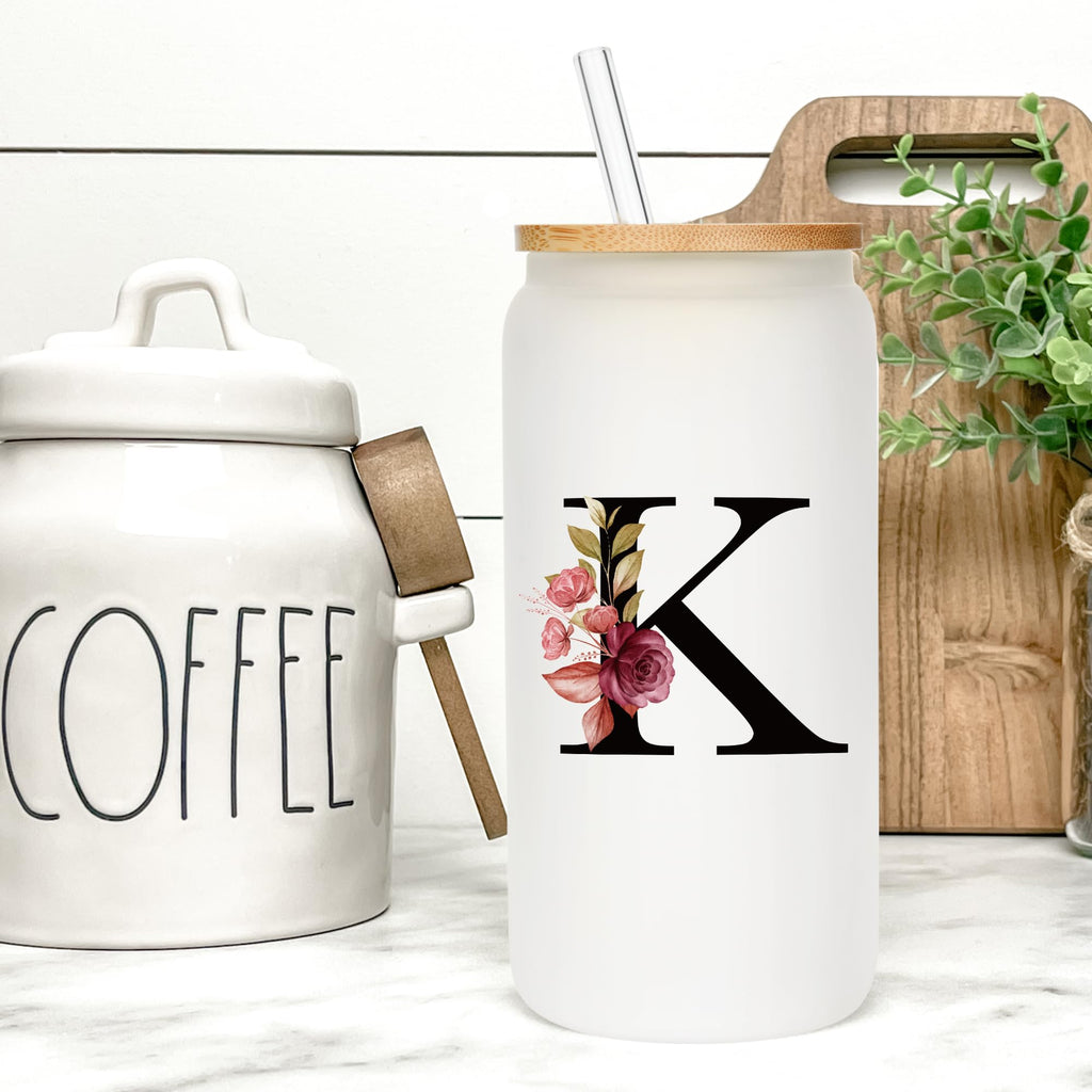 Personalized Gifts for Women, Monogrammed Frosted Glass Tumbler with Straw and Lid, Cute Customized Mug, Custom Initial Iced Coffee Glasses, Customizable Drinking Cup, Birthday Teacher Woman, J