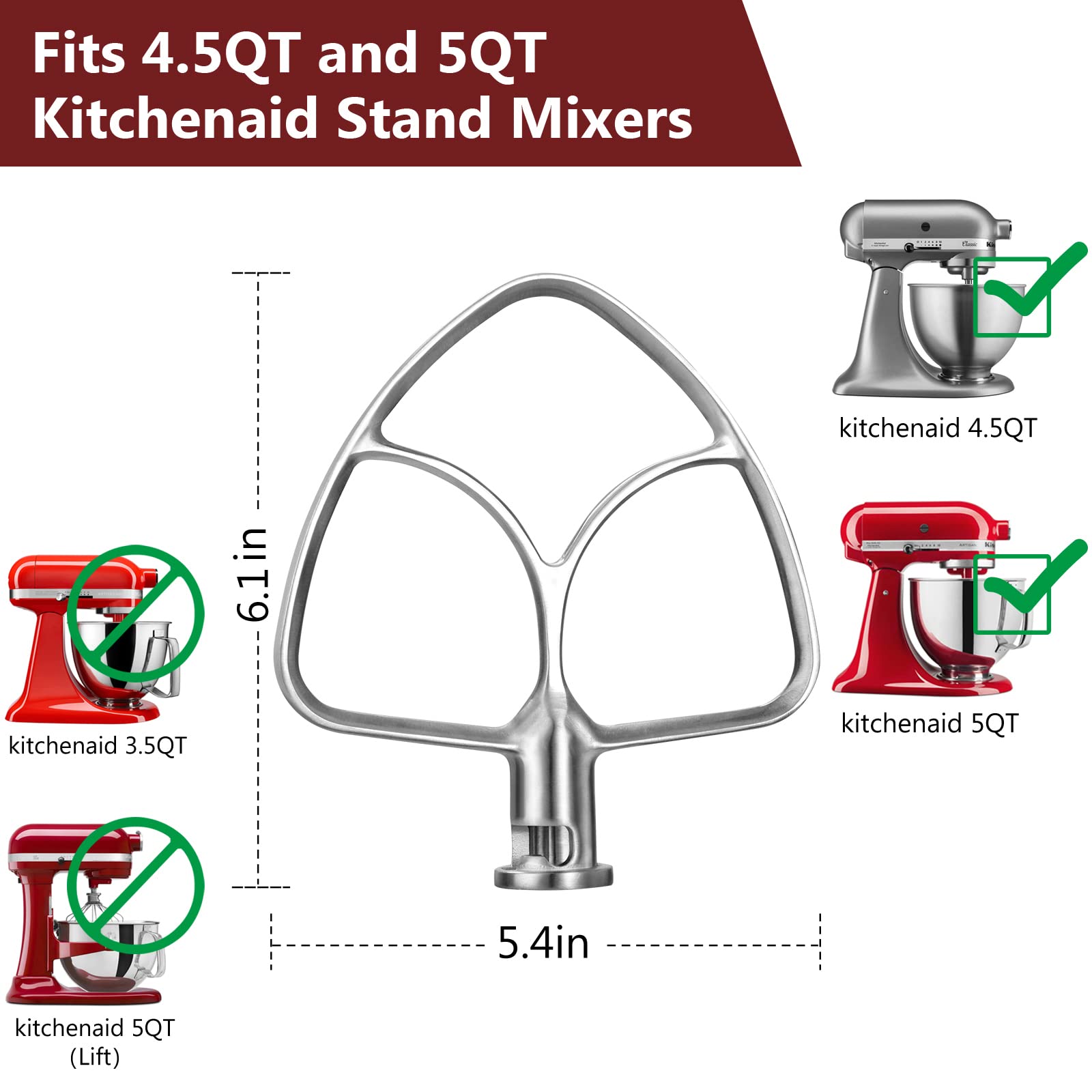 LETOMS Stainless Steel Paddle Attachment for Kitchen aid Stand Mixers 4.5-5 Quart, Flex Edge Beater for KitchenAid, Dishwasher Safe