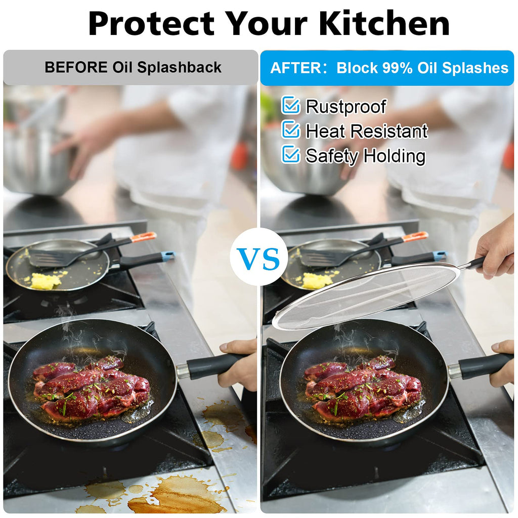 Splatter Screen for Frying Pan - 9.8" 11.4" 13" Grease Splatter Guard Hot Oil Splatter Guard, Stainless Steel Fine Mesh Splash Guard with Resting Feet for Cooking to Prevent Oil Splatter