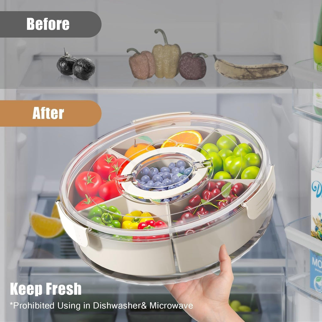 Snackle Box Container, Divided Serving Tray 360° Rotatable with Lid and Handle, Platter Round Portable Storage Organizer for Fruit, Candy, Veggie, Nuts, Spices& Snacks, Perfect for Party or Travel