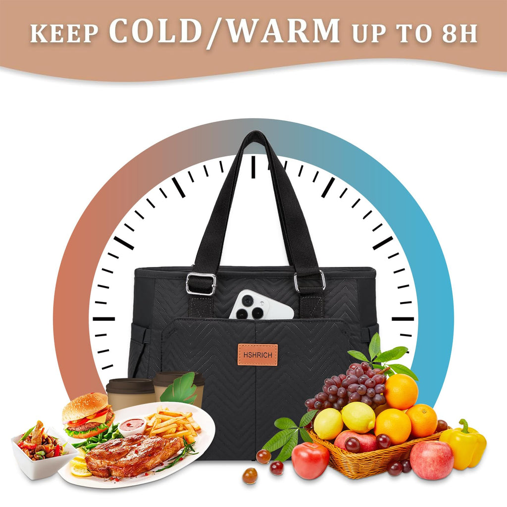 Large Women Lunch Bags for Work/Insulated Adult Lunch Box for Women/Leakproof Cooler Lunch Tote Bag with Storage Pocket. Reusable Lunch Cooler Purse for Work Picnic Hiking 12L, Black