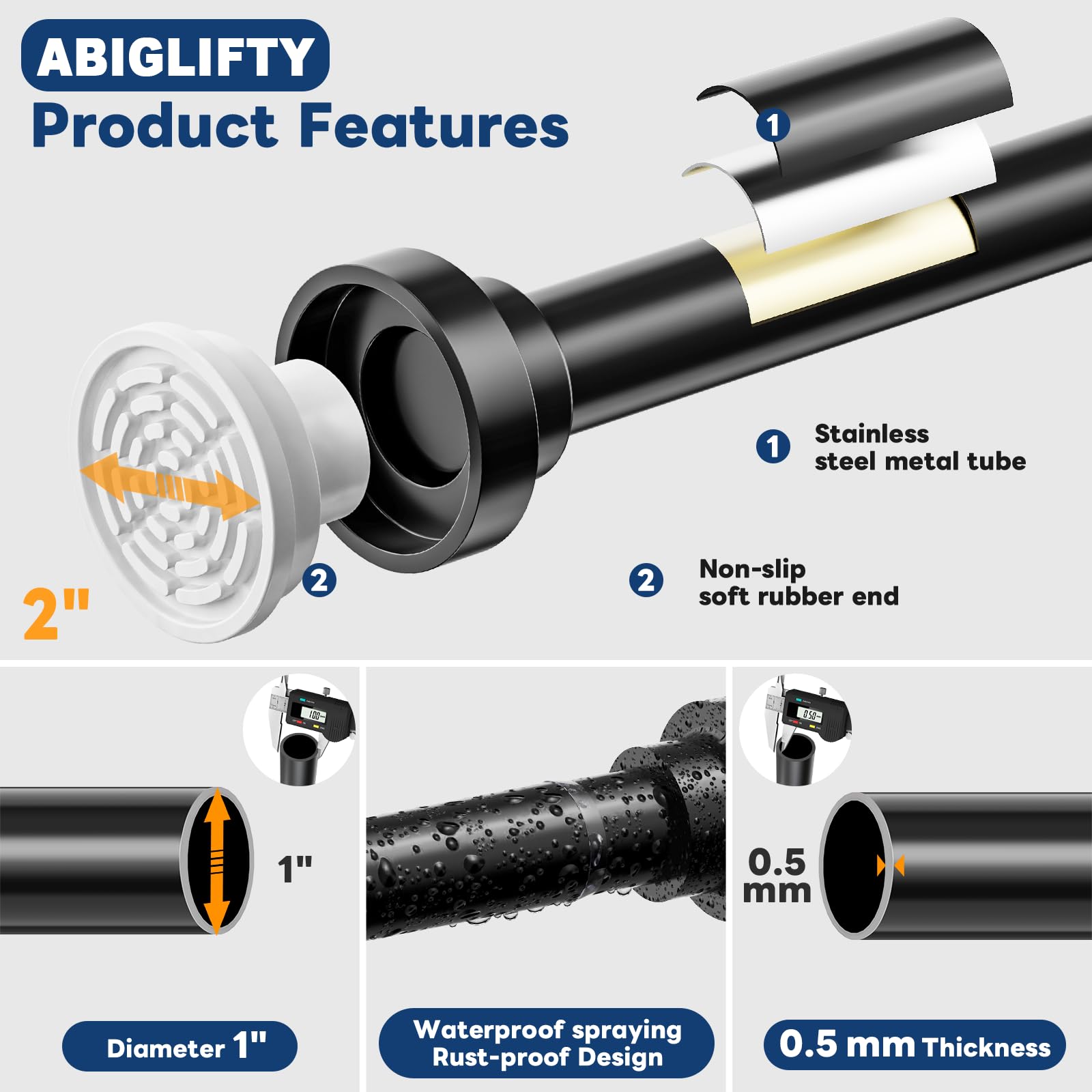 Abiglifty Black Shower Curtain Rod 30~85 Inches, Adjustable Spring Tension Stainless Steel Telescoping Shower Curtain Rods, Non Slip, No Drilling, Sturdy and Durable