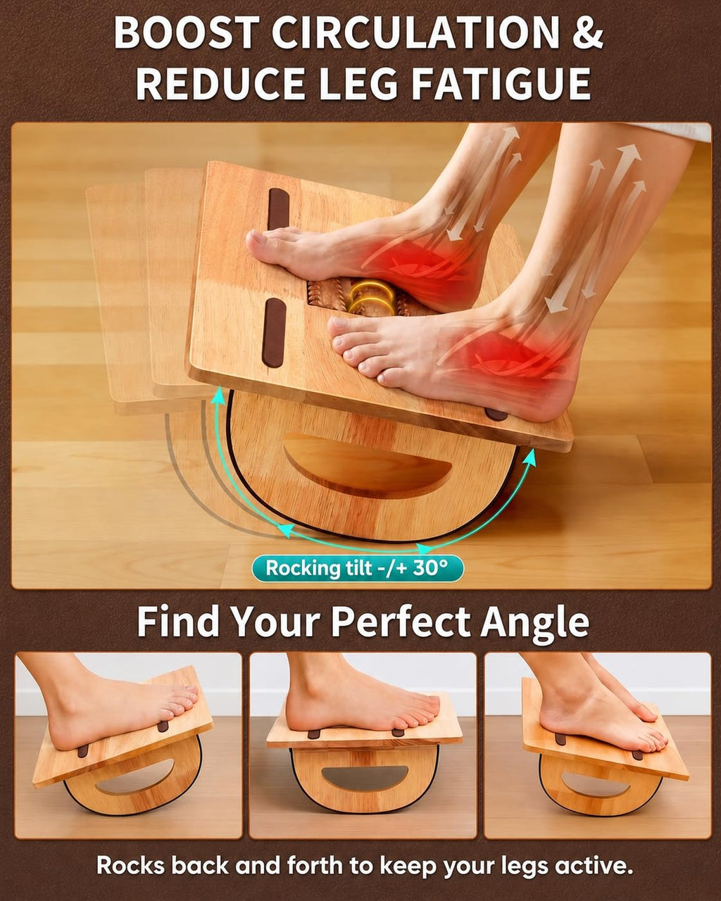 ONUEMP Wooden Rocking Footrest for Under Desk (15.5 x 10.6 in) – Solid Beechwood Ergonomic Foot Stool with Massage Rollers, Non-Slip Foot Rocker Leg Rest Footrest for Office Chair, Gaming & Home Office