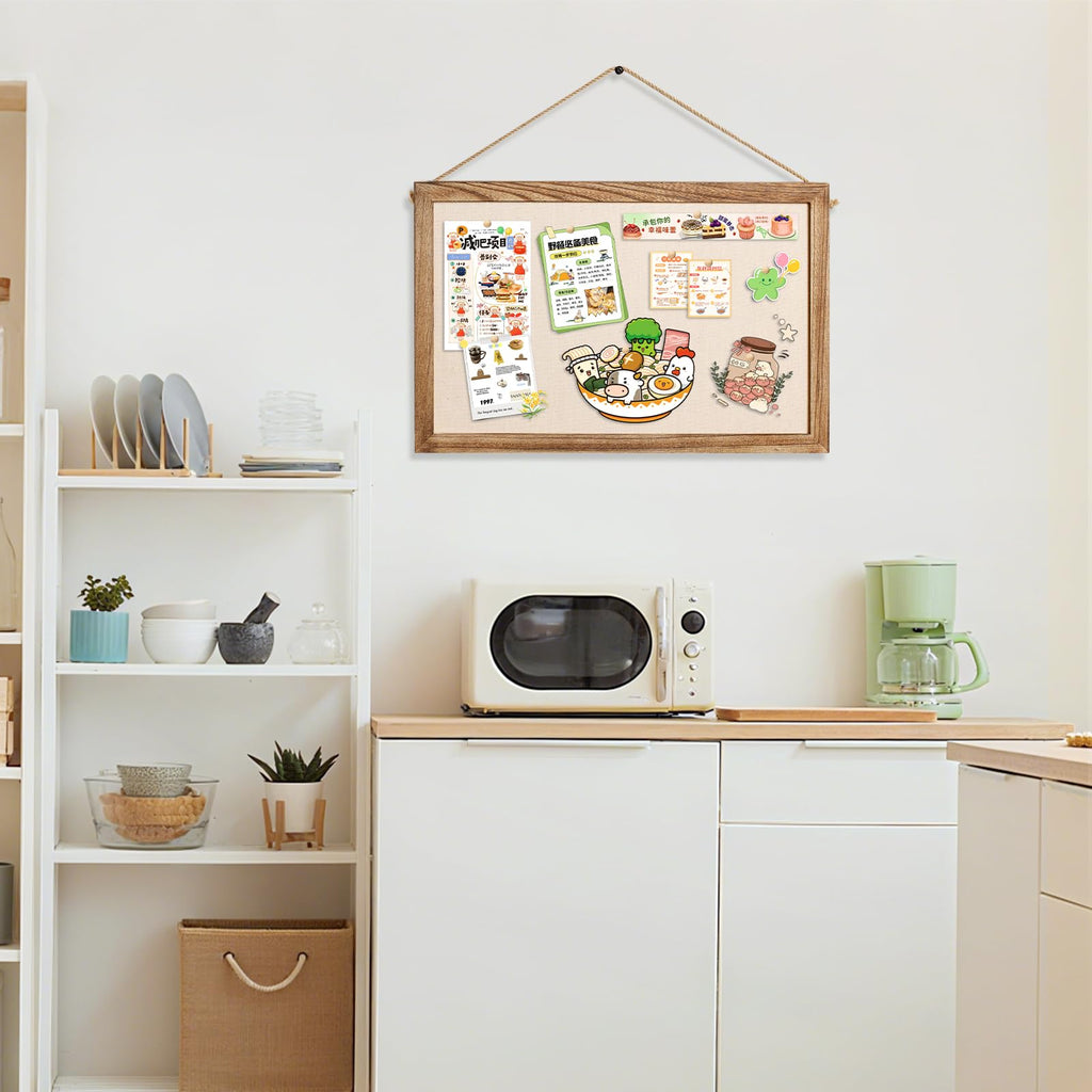 Emfogo 2-Pack Cork Board with Linen 16x11 inch Bulletin Boards Wall Decor Hanging Pin Wood Framed Display Bulletin Cork Picture Board Light for Room School Office Bedroom 20-Pushpin （Torched Wood）