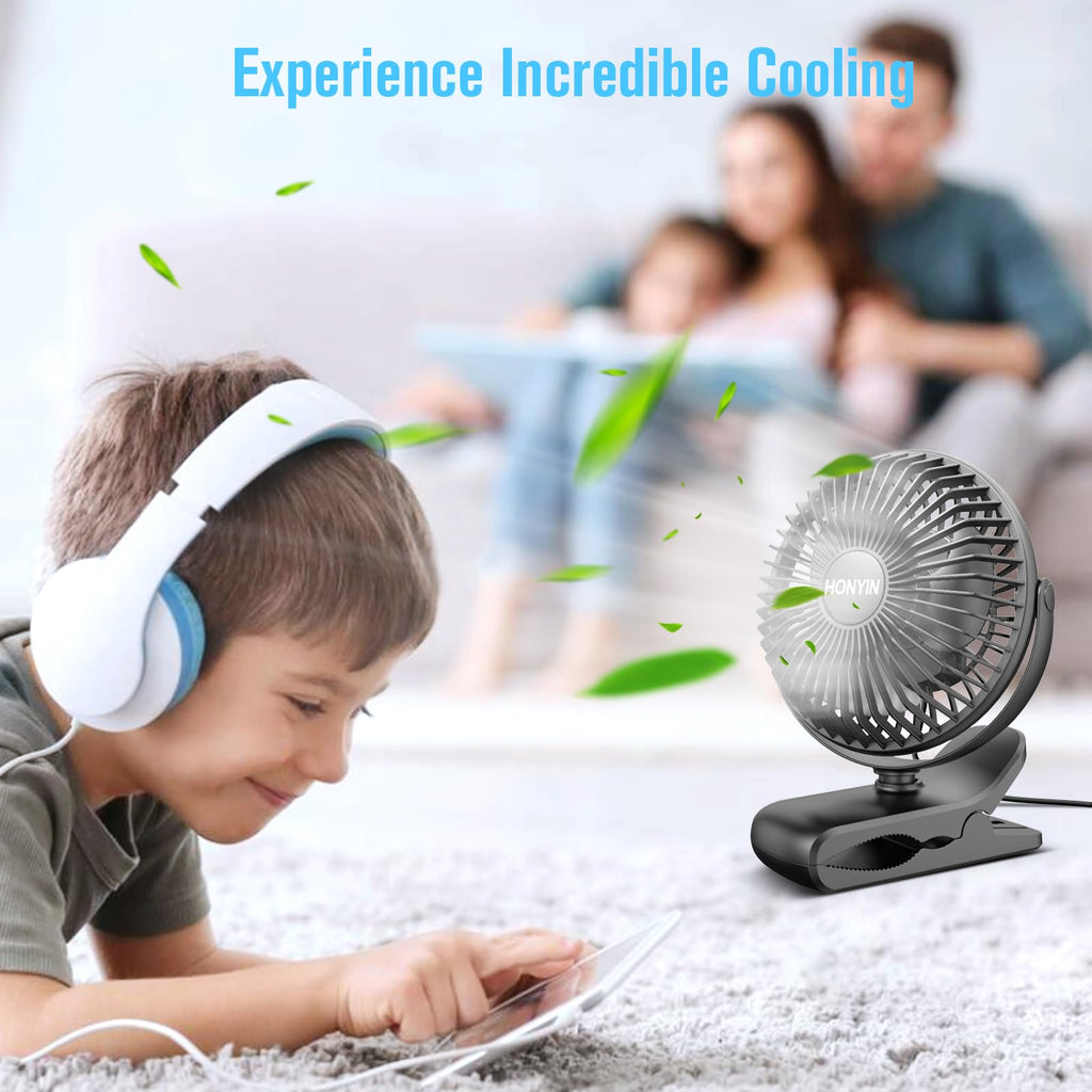 HONYIN Clip on Fan, 720° Rotation Small Desk & Clip Fan, Personal Cooling Fan with Sturdy Clamp, 3 Speeds, Quiet Little Fan by USB Plug In, for Bedroom Office Desktop Treadmill