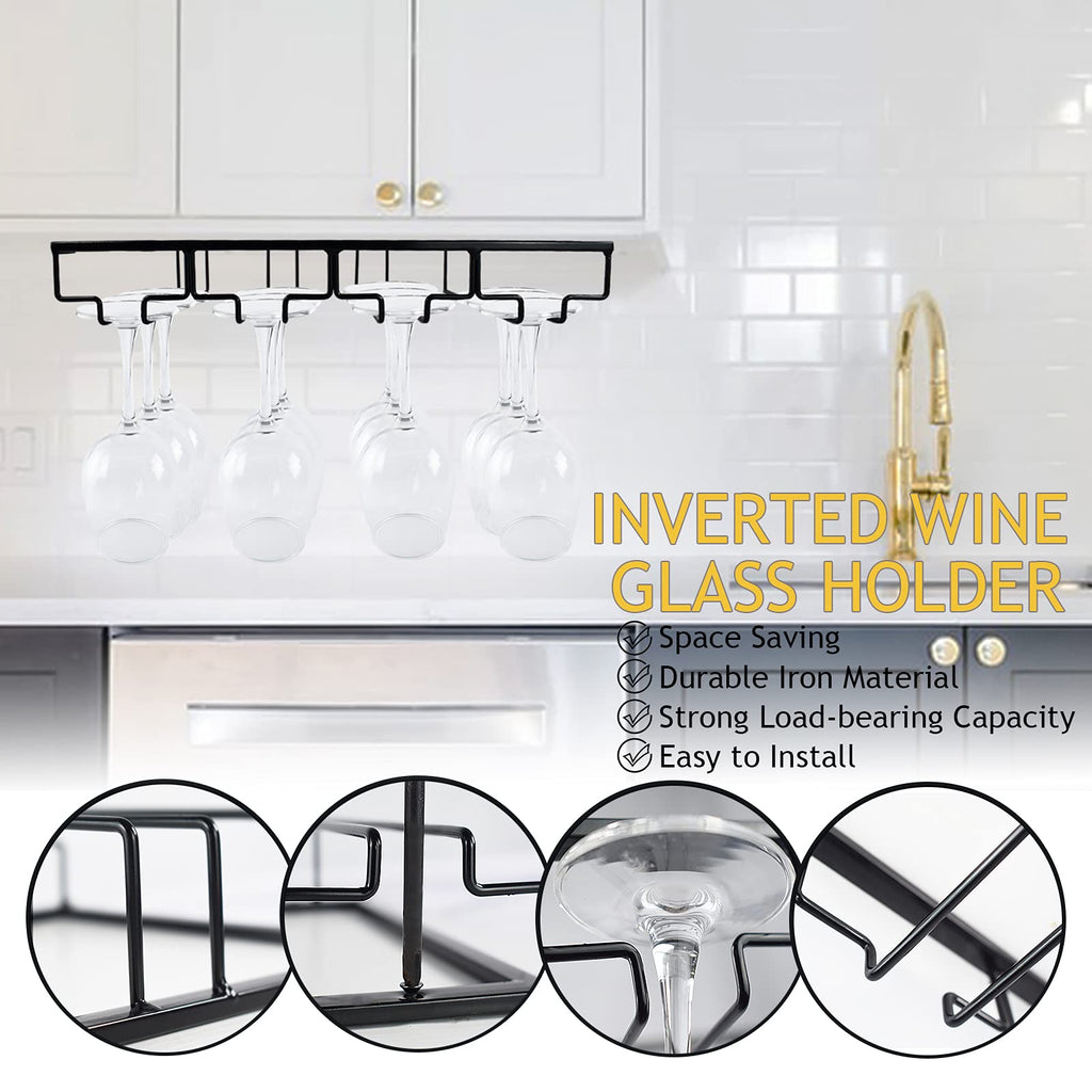 Wine Glass Rack - 4 Row Under Cabinet Stemware Wine Glass Holder - Glasses Storage Hanger for Bar Kitchen, Metal Organizer for Brandy, Margarita, Martini Glasses & More - 2 Pack, Black
