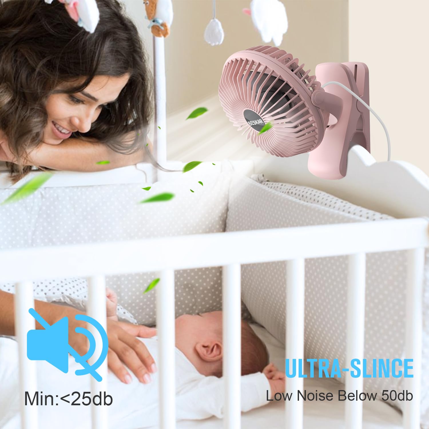 BESKAR USB Powered Clip on Fan, Portable Small Fan with Cord, 3 Speeds Strong Airflow, Personal Fan with Sturdy Clamp, Quiet Desk Fan & Clip Fan