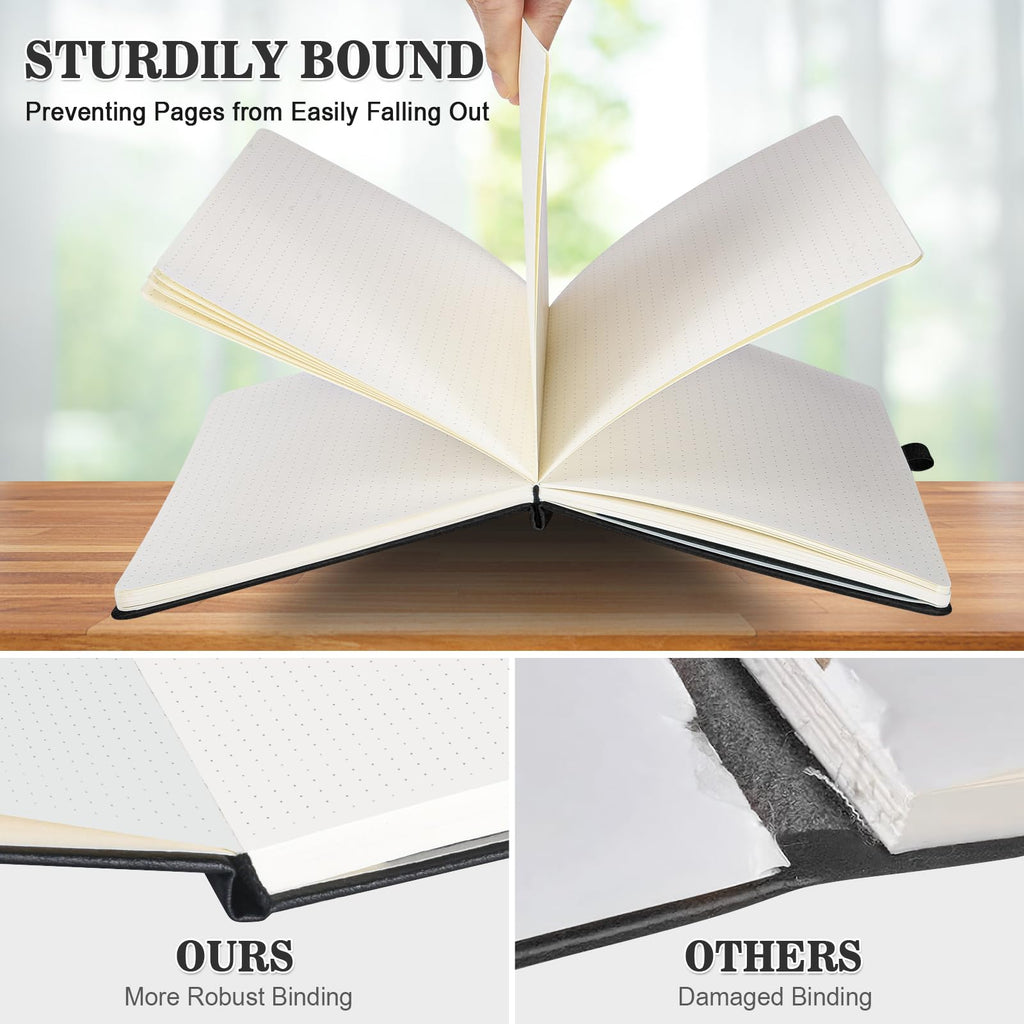 Bullet Dotted Journal Notebook 4 Pack: 160 Pages Per Pack, A5 Medium Size(5.75" × 8.38"), 120 GSM Thick Paper, Leather Dotted Notebook, Hardcover Dot Grid Notebook, Dot Journal for Wrting (Black)