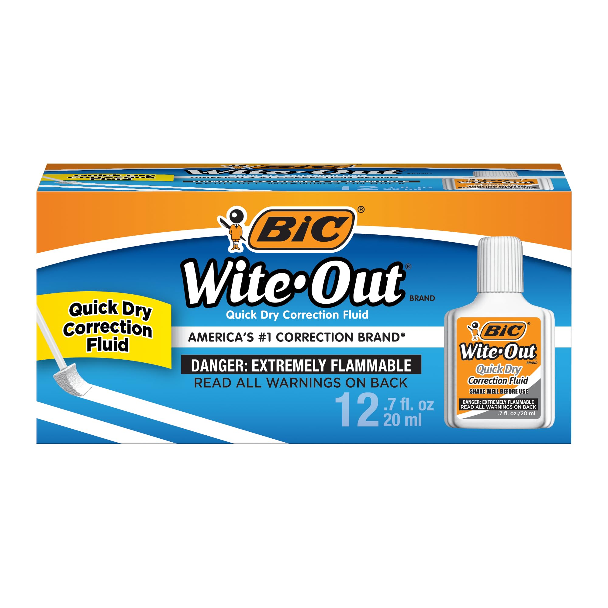 BIC Wite-Out Quick Dry Correction Fluid with Foam Brush for Precise Application, 12-Count in White