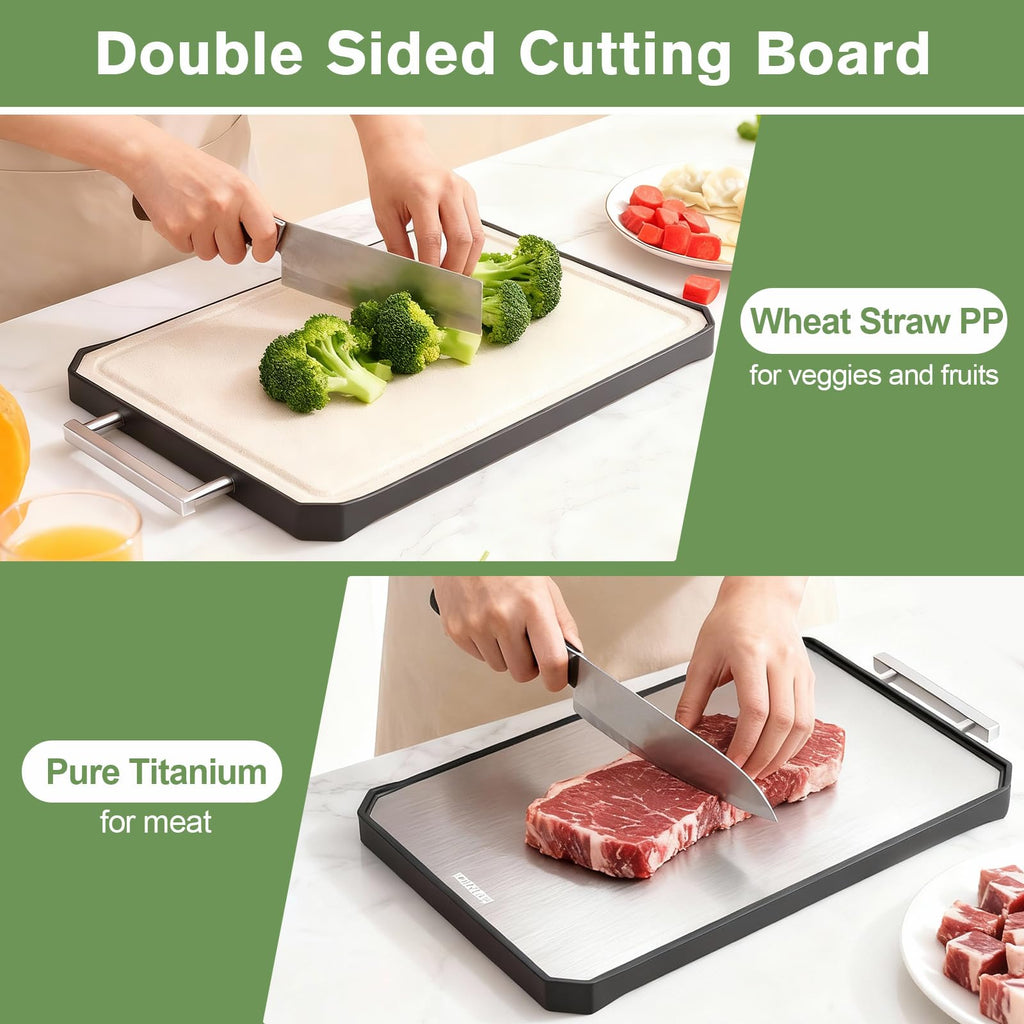 Titanium Cutting Board - Double Sided Non-Toxic Cutting Boards for Kitchen, Pure Titanium & Wheat Straw PP Food Grade Metal Cutting Board, Non-Stick Durable and Easy to Clean 16" x 11"