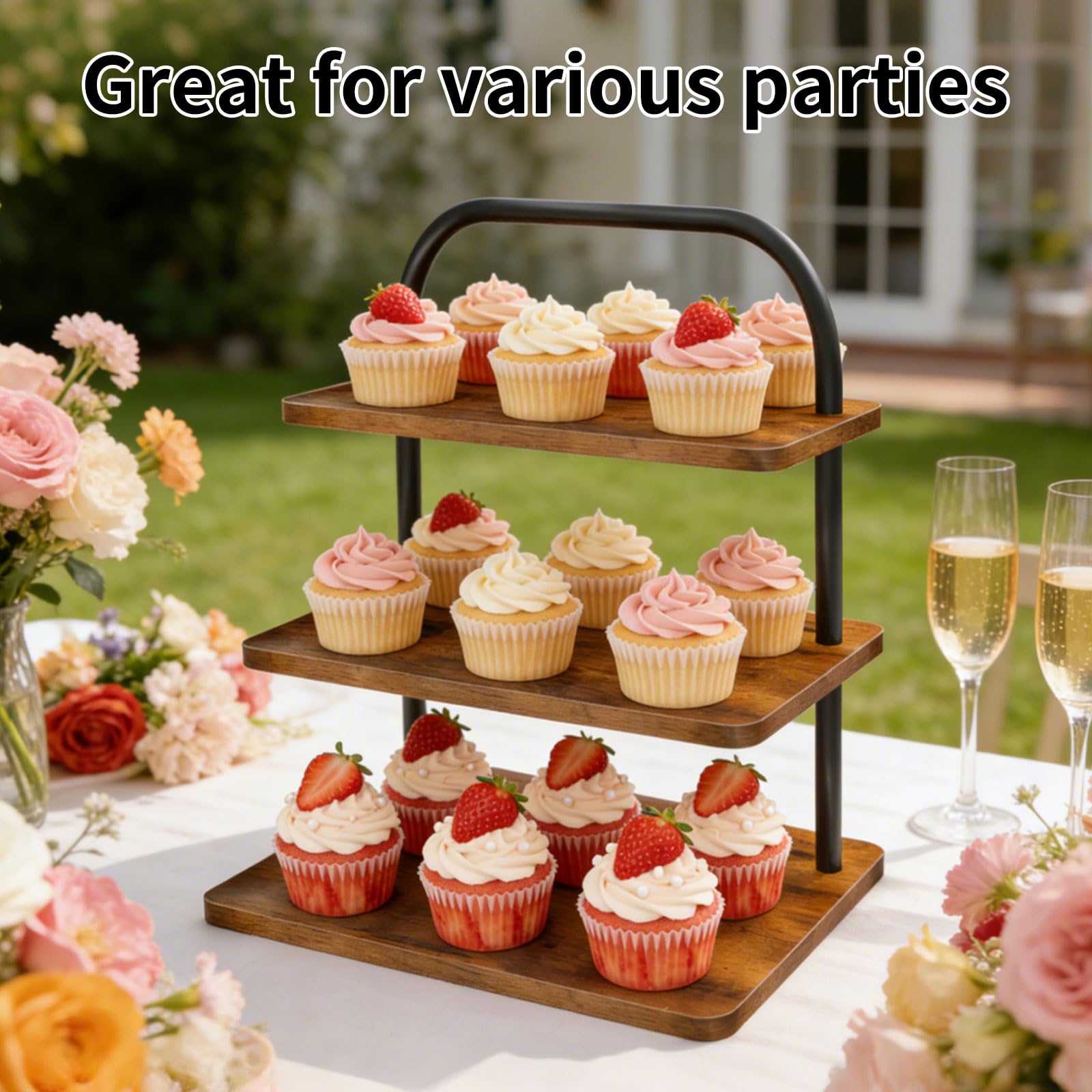 OugeWood Cupcake Stand, 3 Tier Large Cupcake Stand Rustic Stepped Cupcake Display Stand Square Wood Dessert Table Display Set Cupcake Tower Tiered Tray Stand for Wedding Birthday Graduation