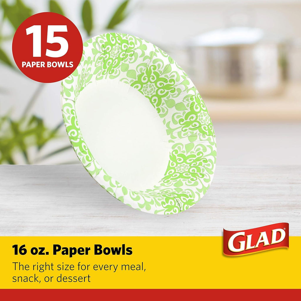 Glad Round Disposable Paper Bowls, Green Victorian Design - Heavy Duty, Soak Proof, Cut-Resistant, Microwavable Bowl for All Foods & Daily Use, 16 Oz, 15 Count - 2 Pack