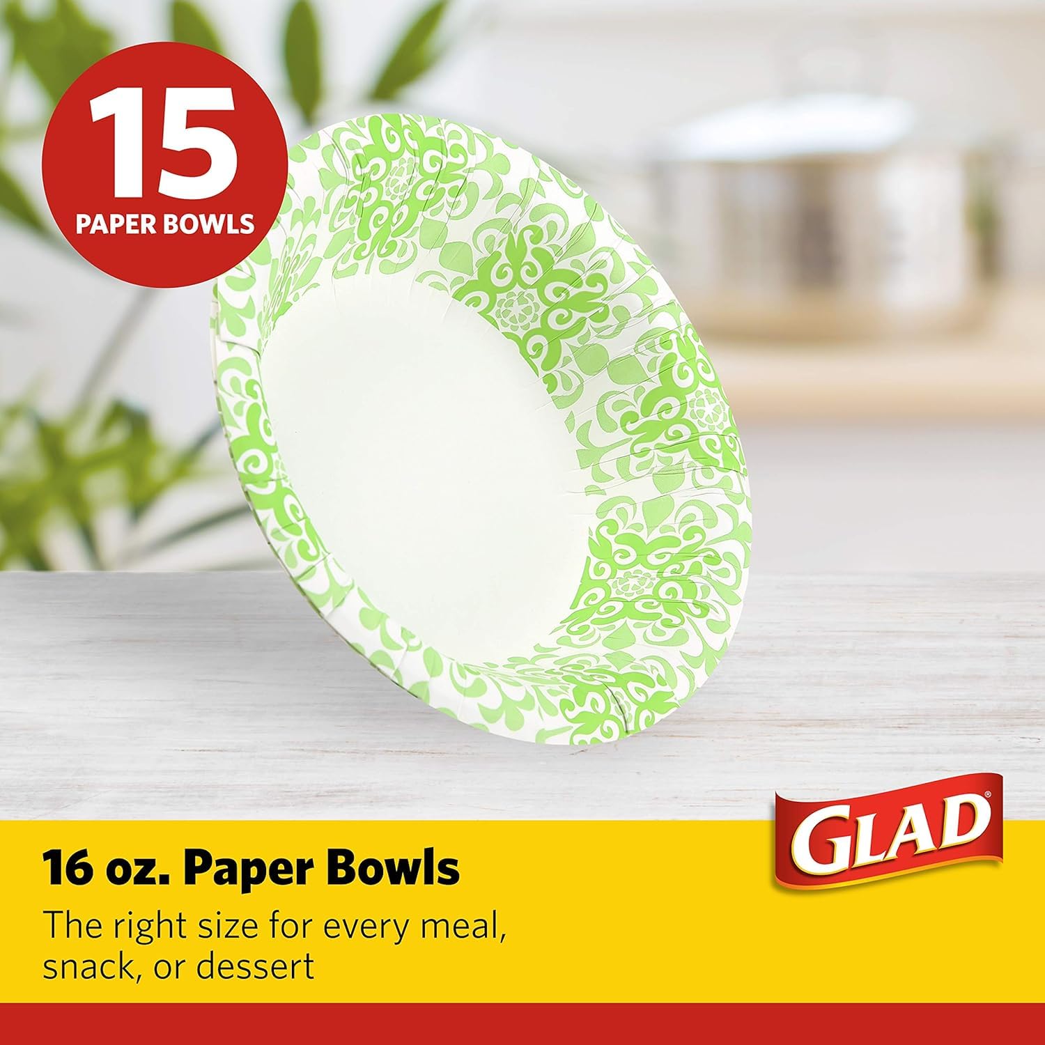 Glad Round Disposable Paper Bowls, Green Victorian Design - Heavy Duty, Soak Proof, Cut-Resistant, Microwavable Bowl for All Foods & Daily Use, 16 Oz, 15 Count - 2 Pack