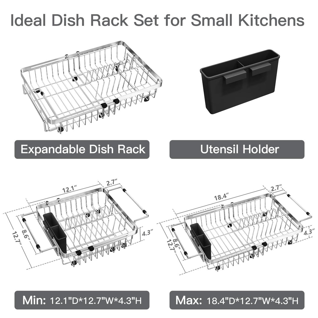 MAJALiS Dish Drying Rack in Sink, Expandable Stainless Steel Over Sink Dish Rack, Adjustable Capacity Dish Strainers for Kitchen Sink Counter with Utensil Holder, Silver