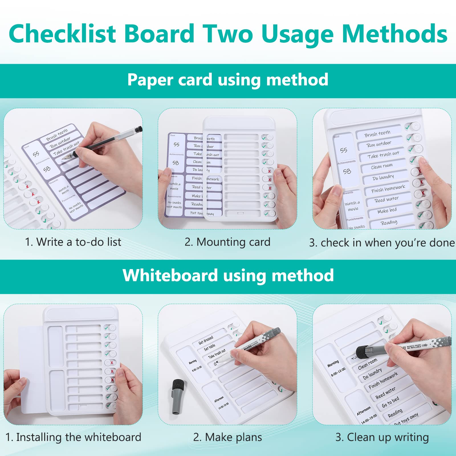 2Pcs Chore Chart for Kids to Do List Checklist Board Detachable Message Slider Schedule Planning Boards with 30Pcs Blank Checklist 4Pcs Cardstock for Habit Tracker or Daily and Weekly Planner