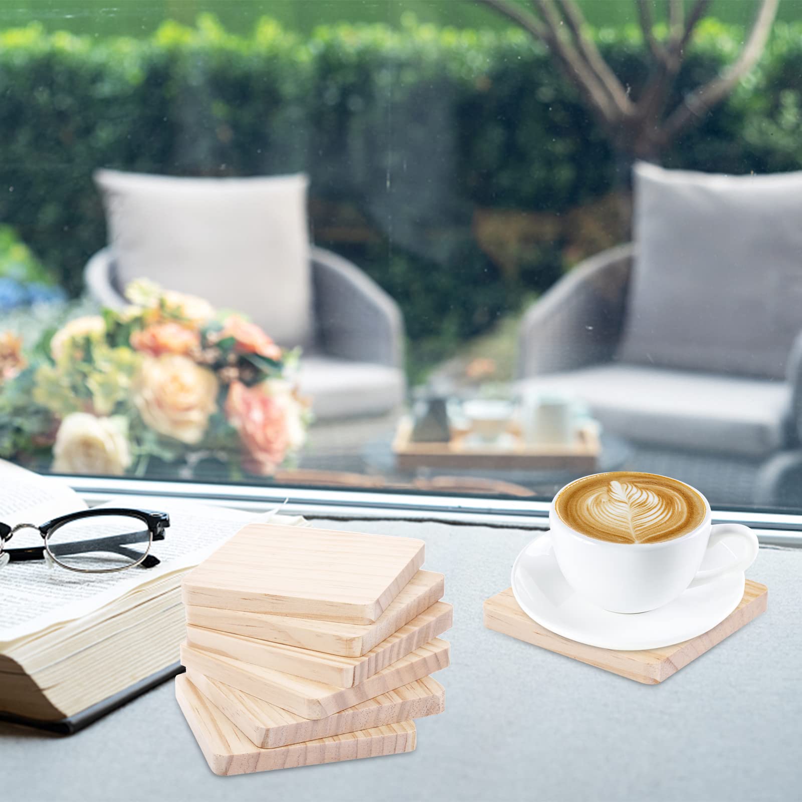 Dicunoy 20PCS Unfinished Wood Coasters, 4"x4" Square Thick Wooden Blanks for Craft, Round Corner Pyrography Laser Engraving Blanks Coasters with 80PCS Foam Knots for DIY, Architectural Models, Stained