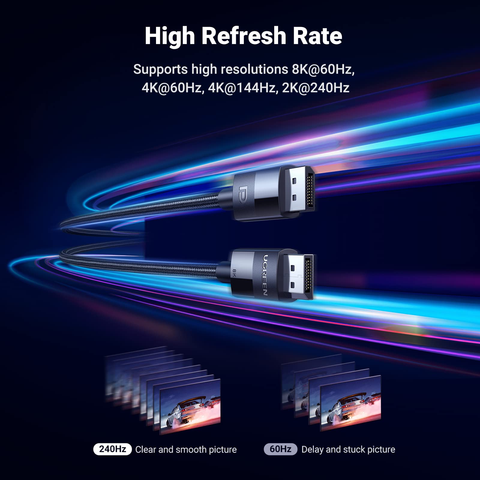 UGREEN VESA Certified DisplayPort 1.4 Cable, DP 8K@60Hz, 4K@144Hz, 1080P@240Hz, Support 32.4Gbps HDR, FreeSync G-Sync, Braided Cord for HDTVs, Gaming Monitors, PC Graphics (10ft)