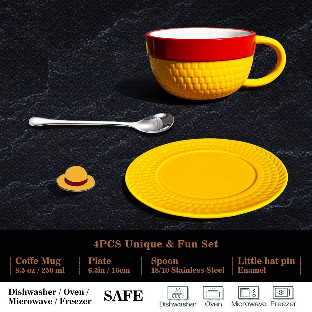 shiningsoul 4-Piece Ceramic Coffee Mug Set, 8.5oz 3D Novelty Straw Hat Shaped Cup with Saucer, Stainless Steel Spoon and Enamel Pin, Pirate Adventure Themed Gift for Tea Lovers and Home Office Decor