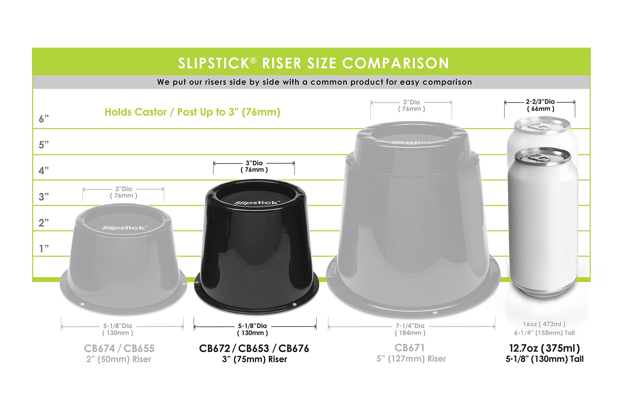 Slipstick 3 Inch (76mm) Bed Risers/Furniture Raisers with Steel Reinforced Holder Top, Lifts Height 3" (4 Pack) Supports 2,640 Pounds (1,200kg), Black, CB672