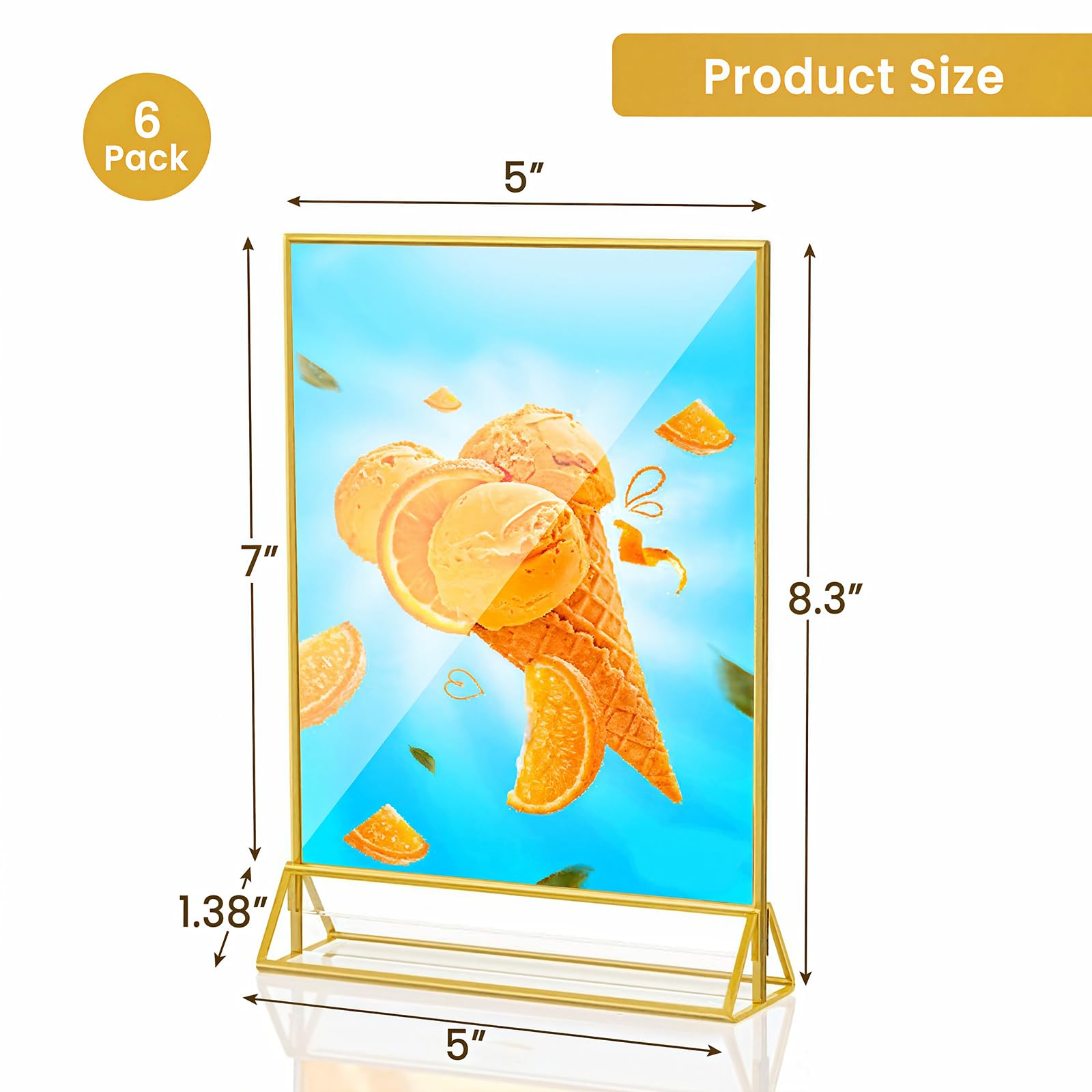 6 Pack Acrylic Gold Sign Holder, 5 x 7 Inch Clear Double Sided Picture Frame, Table Menu Display Stand Flyer Holder for Table Numbers, Photos, Restaurant, Wedding, Office (5 x 7 Inch)