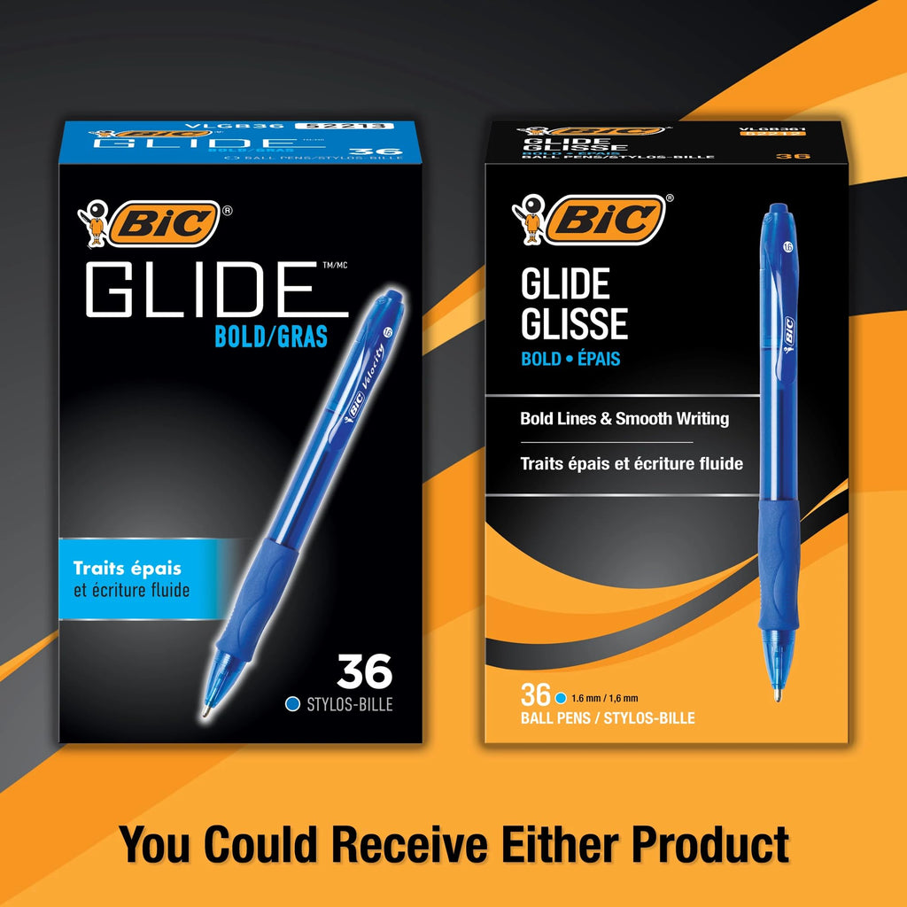 BIC Glide Bold Blue Ballpoint Pens, Bold Point (1.6 mm), 36-Count Pack, Retractable Ballpoint Pens With Comfortable Full Grip
