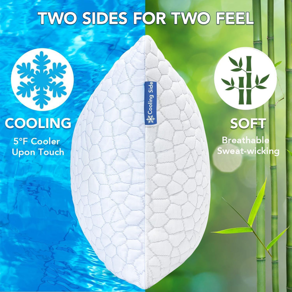 Cooling Memory Foam Pillow for Sleeping, Adjustable Shredded Memory Foam Bed Pillow, Breathable Bamboo Rayon Cover, Soft & Supportive Pillow for Side Back Stomach Sleepers, Queen Size 1-Pack