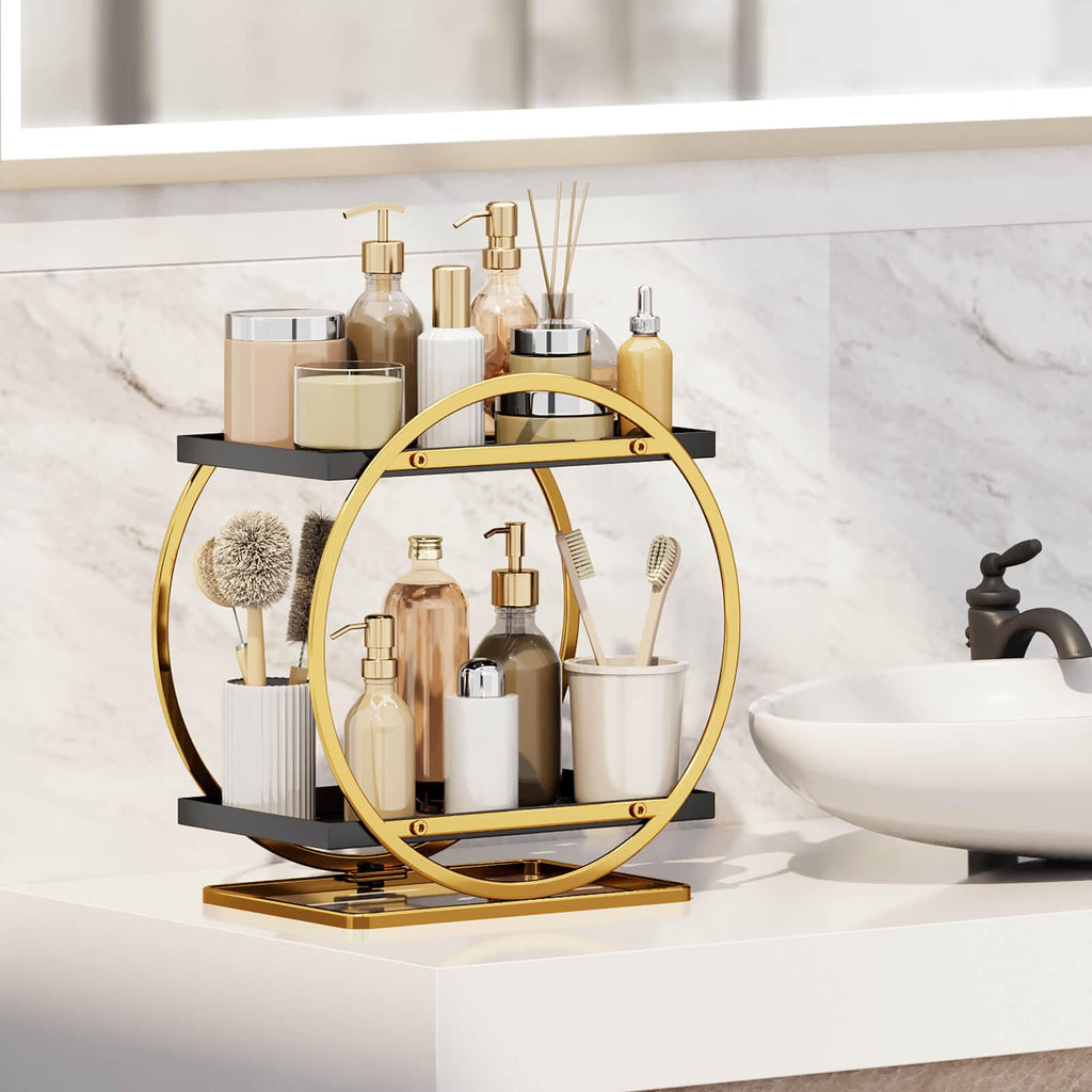 YIWANFW 2-Tier Makeup Organizer - Modern Elegant Black & Gold Countertop Perfume & Cosmetics Display Shelf