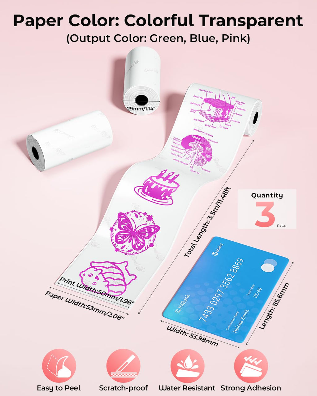 Memoking T02 Color Sticker Paper - Colorful Transparent Sticky T02 Mini Printer Sticker Paper Refill, 50 mm x 3.5 m, Keep for 20 yrs, for Journal Photo Study Notes, 3 Rolls
