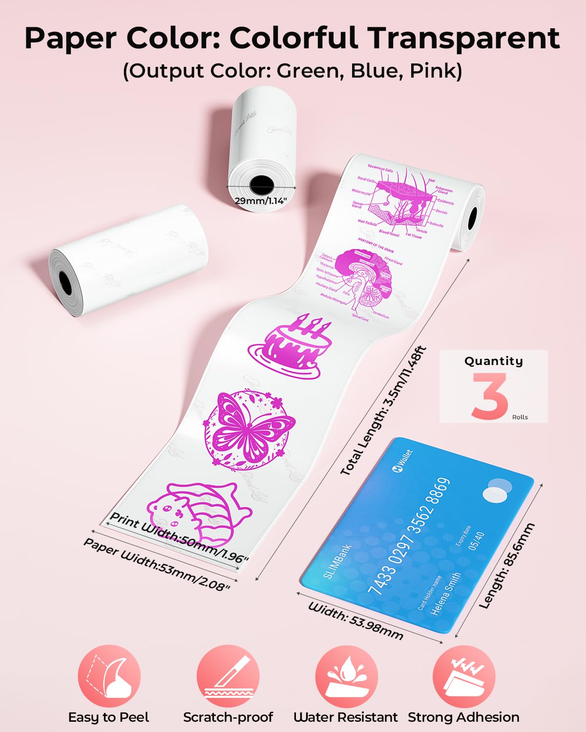 Memoking T02 Color Sticker Paper - Colorful Transparent Sticky T02 Mini Printer Sticker Paper Refill, 50 mm x 3.5 m, Keep for 20 yrs, for Journal Photo Study Notes, 3 Rolls