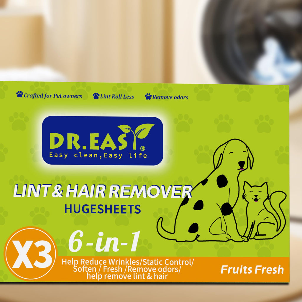 Dr.Easy LINT & HAIR REMOVER Pet HUGESHEETS with 3X ODOR REMOVE Dryer Sheets, Fruits Fresh, 200 Count,PLANT&MINERAL-BASED FORMULA
