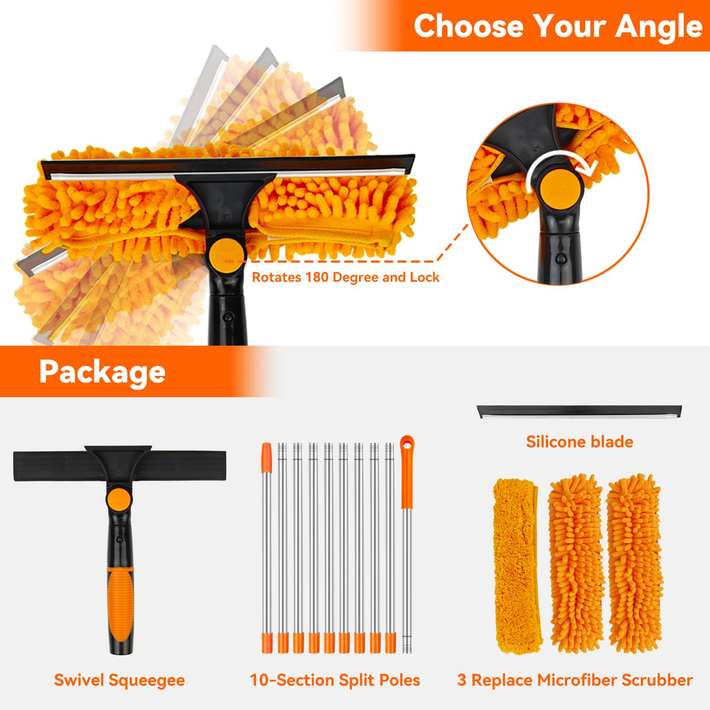 Window Cleaning Tools Window Squeegee: 2 in 1 Double-Sided Professional Cleaner Window Washing Kit with Extension Pole 20+ Ft Duster for High Ceilings Microfiber Scrubber for Indoor Outdoor High Glass