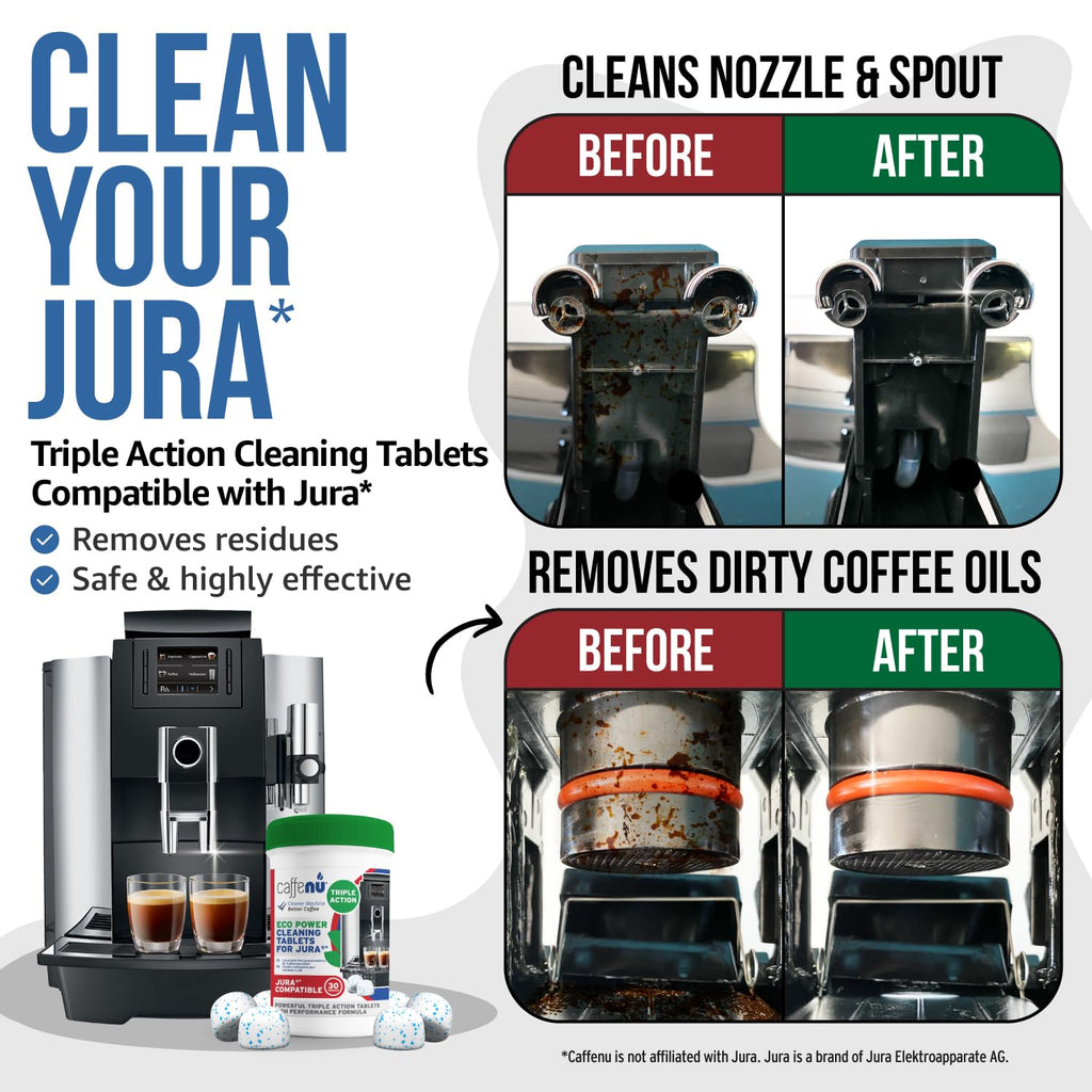 Jura Compatible Cleaning Tablets. 30 Tablets Cleaning. Coffee Cleaning Tablets - Cleans Internal Parts, Portafilter, Inaccessible Areas. Use On All Home & Pro Jura Coffee Machines.