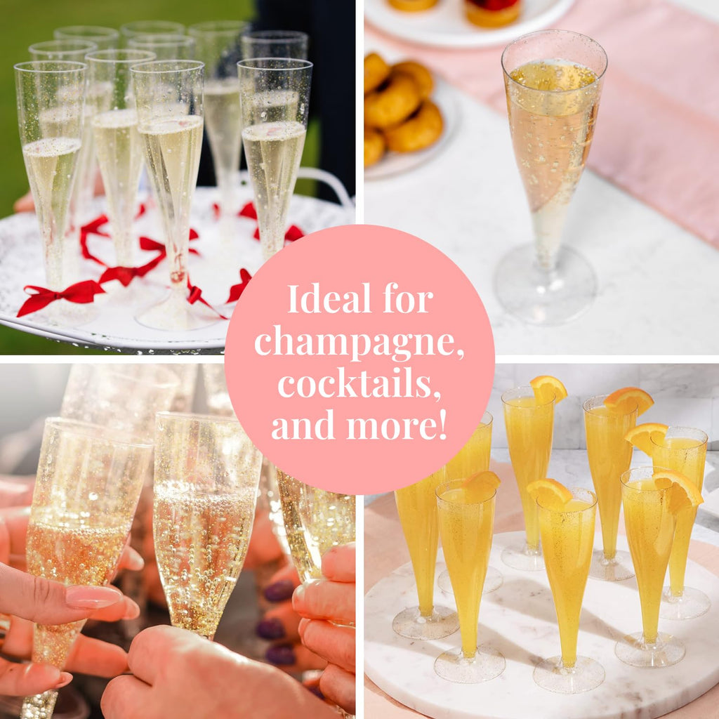 100 Plastic Champagne Flutes - Disposable Gold Glitter Plastic Champagne Glasses - Parties, Mimosa Bar, Events, Wedding, Shower Supplies - Disposable Wine Glass