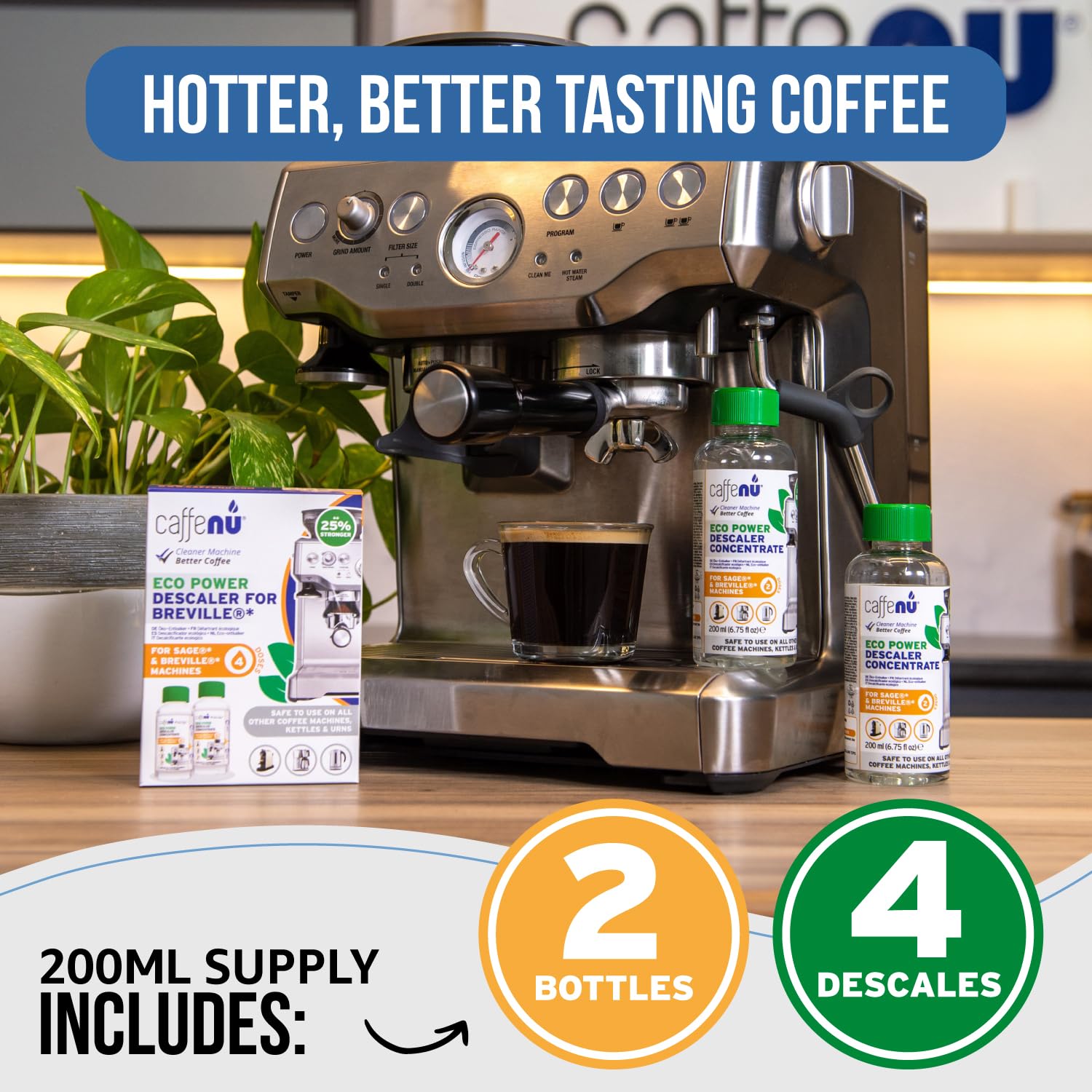 Caffenu Descaler Compatible with Breville. 2 Bottles of Solution. Descaling Kit Removes Limescale For Hotter Coffee. 4 Uses Descaler For Breville Coffee Machines.