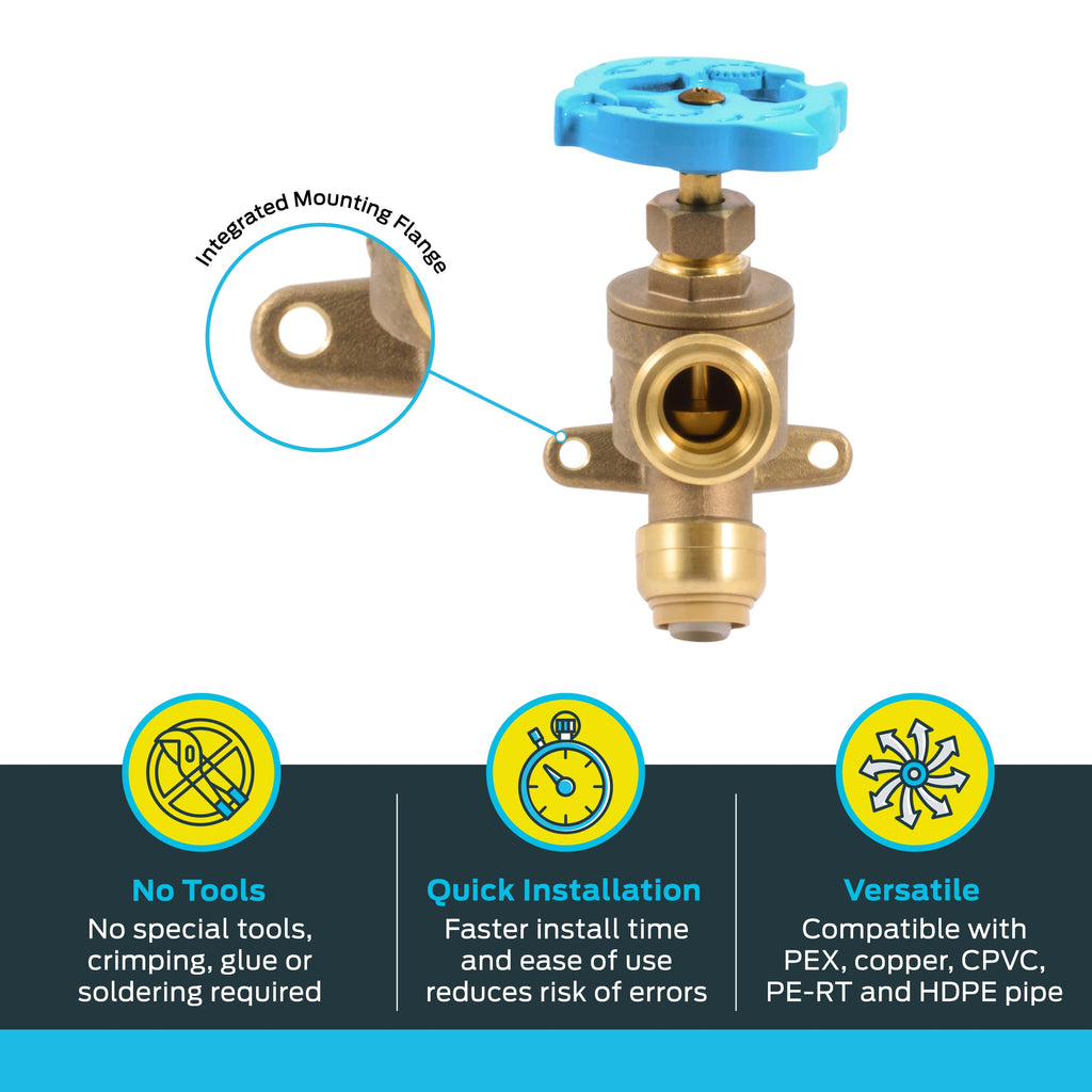 SharkBite 1/2 Inch x 3/4 Inch MHT Garden Valve, Multi Turn, Push to Connect Brass Plumbing Fitting, PEX Pipe, Copper, CPVC, PE-RT, HDPE, 24622LF