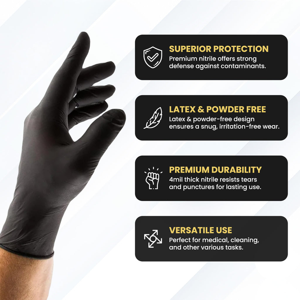 Black Disposable Nitrile Gloves, Small, Heavy Duty, Powder-Free, Industrial Grade, 4 MIL Thickness, Texture, Ronco Sentron4 (Small) 100 Gloves