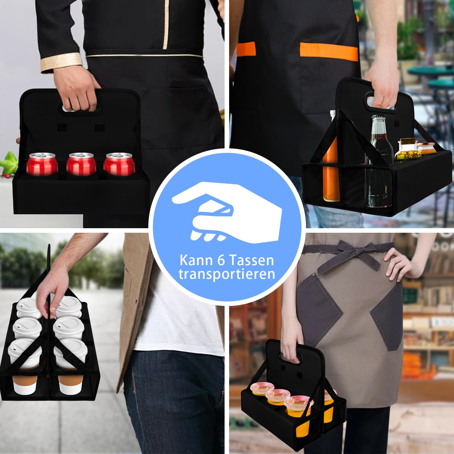 BOHEMIABY Drink Carrier with Handle Reusable, 6 Cup Portable Drink Carrier, Foldable Cup Coffee Carrier, Carry Cocktails、Safely Secures Hot and Cold Beverages-for Delivery and Take Out (Black)