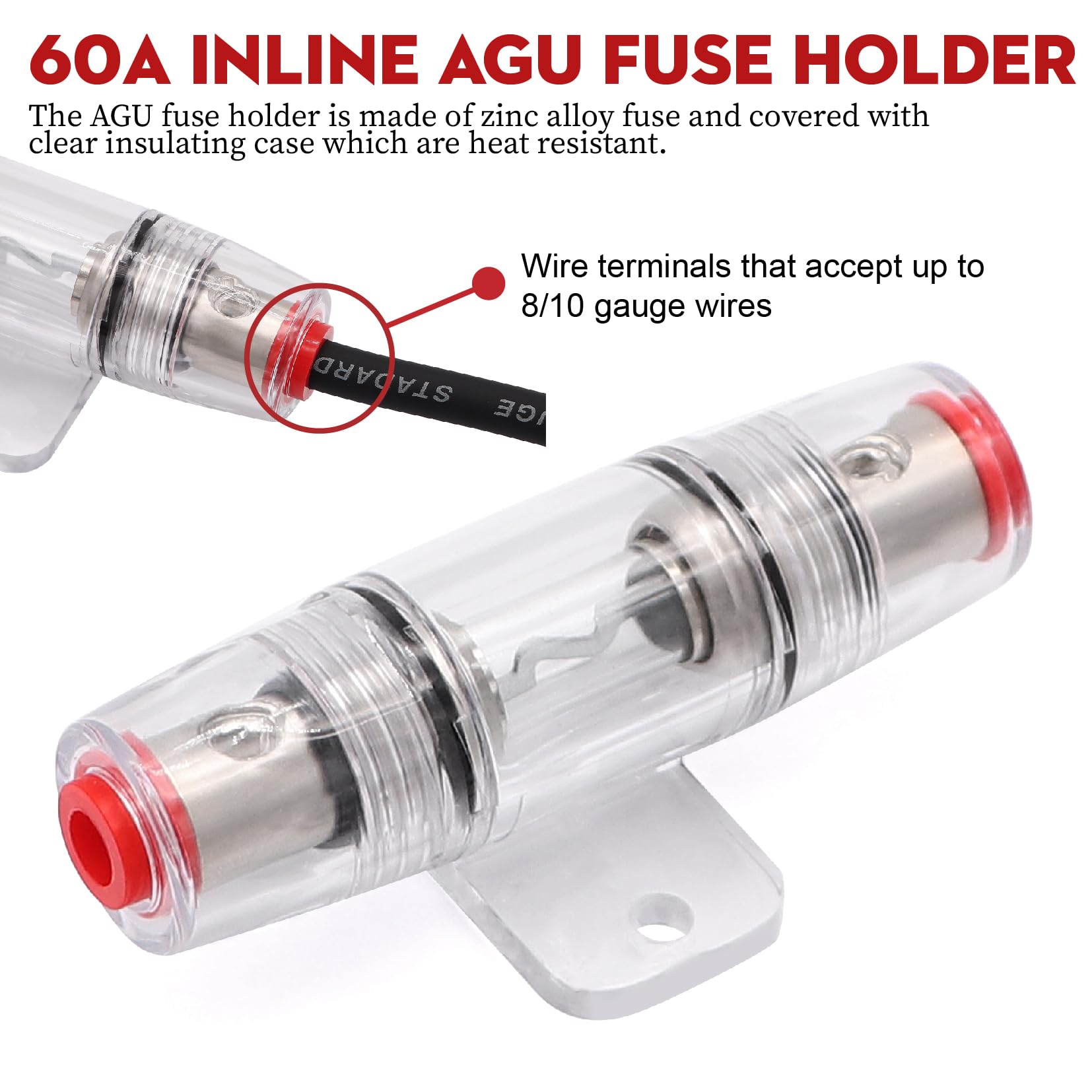 Taigoehua 50FT 8 Gauge Wire (25ft Each-Black/Red) Copper Clad Aluminum CAA- with 8ga lugs,60A Fuse Holder and Heat Shrink Tube, Car Amplifier Power & Ground Cable