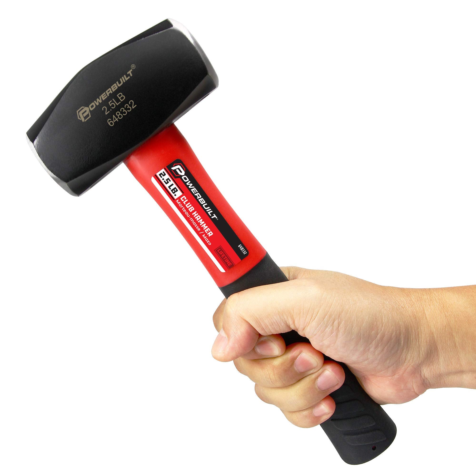 Powerbuilt 2-1/2 Pound Club Hammer with Fiberglass Handle, Non-Slip Rubber Handle, Heavy Duty Construction DIY Hand Tool, Black 648332