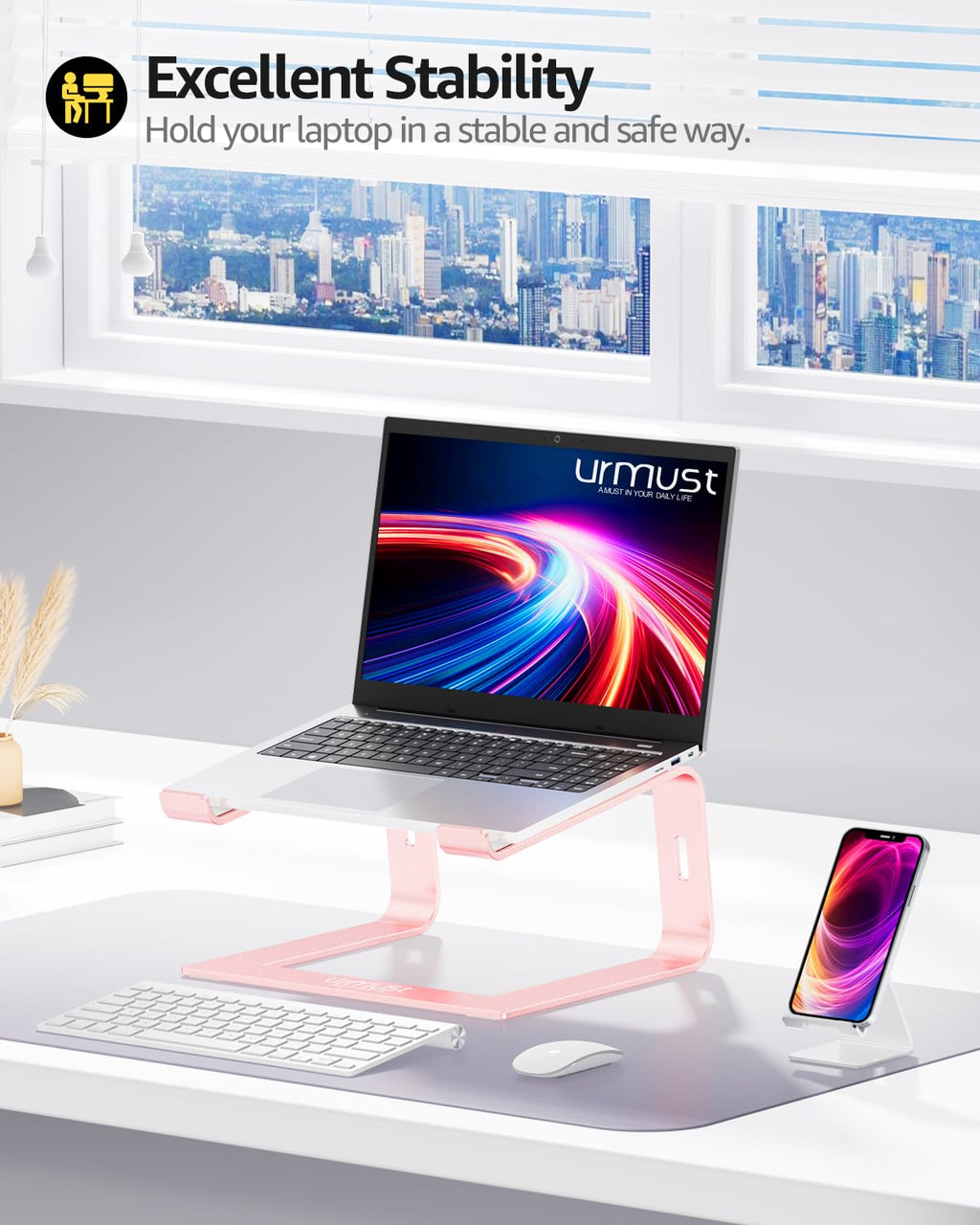 Urmust Laptop Stand for Desk Aluminum Computer Stand Riser Holder for Laptop Compatible with MacBook Air Pro, Dell, HP, Lenovo Samsung, Alienware All Laptops 11-15.6"(Rose Gold)