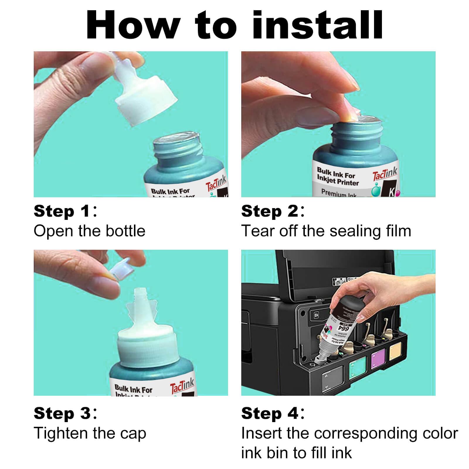 TacTink 664 Ink Refill Bottles Replacement for T664 Ink tp Work with Epson ET-2650 ET-2500 ET-2550 ET-2600 ET-4500 ET-14000 L100 L110 L120 L200 L210 L300 L350 L355 L550 L555 Printers (5 Pack)