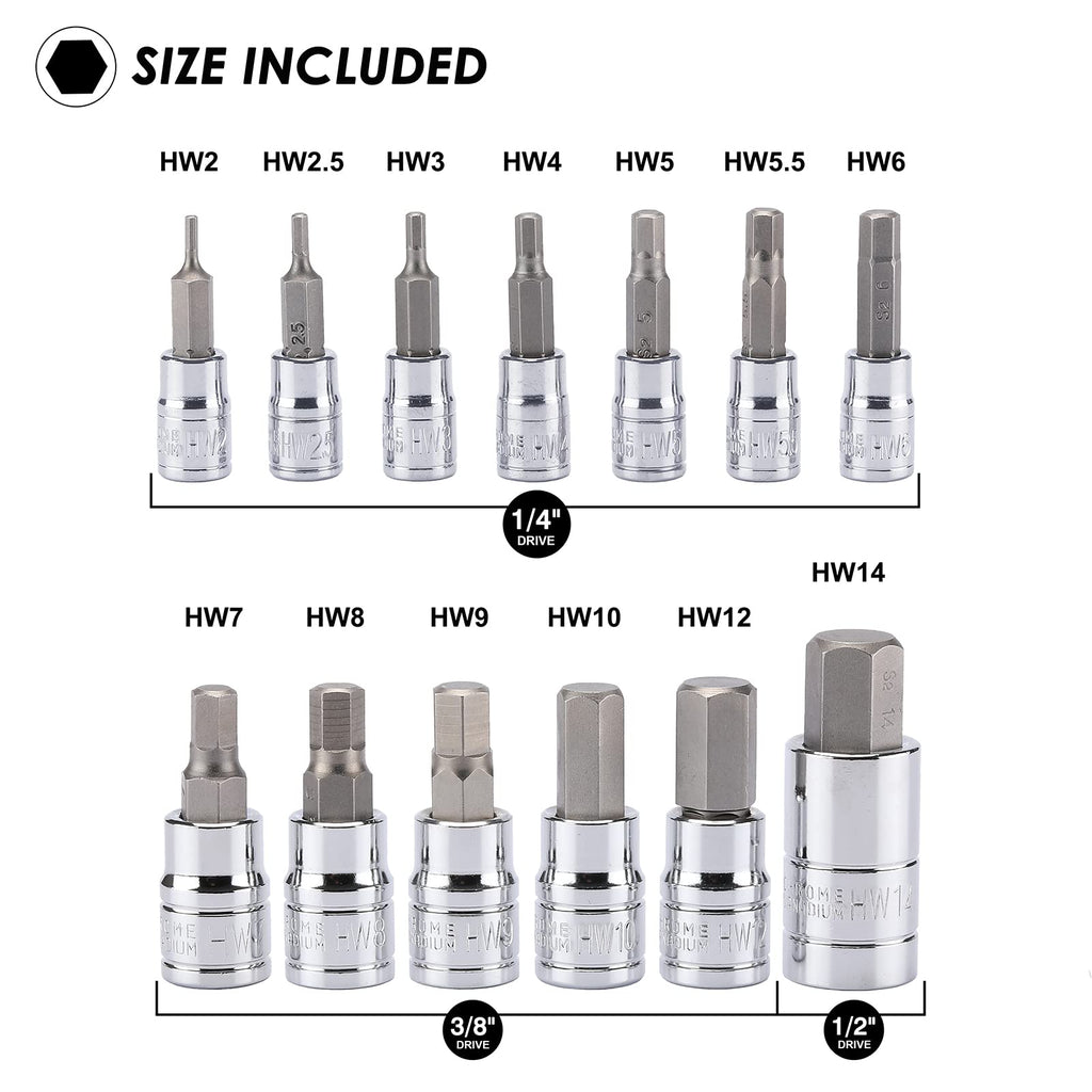 MIXPOWER 13 Piece Hex Bit Socket Set, S2 Steel Bit Socket Tool Kit, Metric, 2mm-14mm, Allen Bit Socket Kit