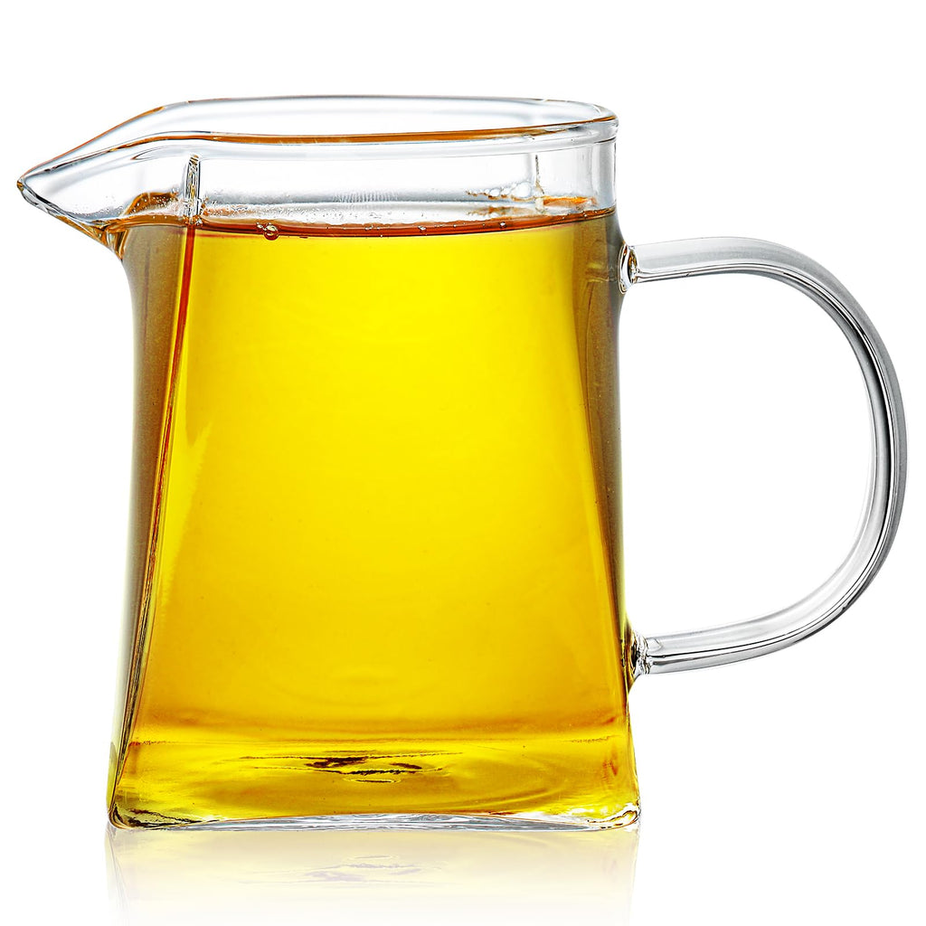 Yarlung 4 Pack Small Glass Pitcher, 12 Oz Clear Creamer Pitcher with Handle, Creative Coffee Milk Pitcher Tea Fair Cups for Table Serving, Square Base