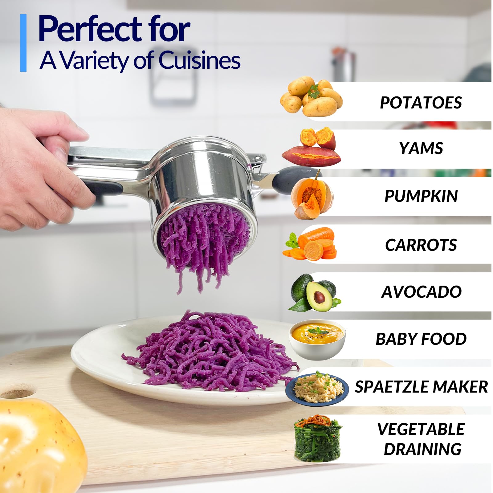 Potato Ricer,Ricer,Large 15oz Heavy Duty Stainless Steel Potato Masher with 2 Interchangeable Cup,Press and Mash Kitchen Tool for Mashed Potatoes,Creates Smooth Creamy Mashed Potato