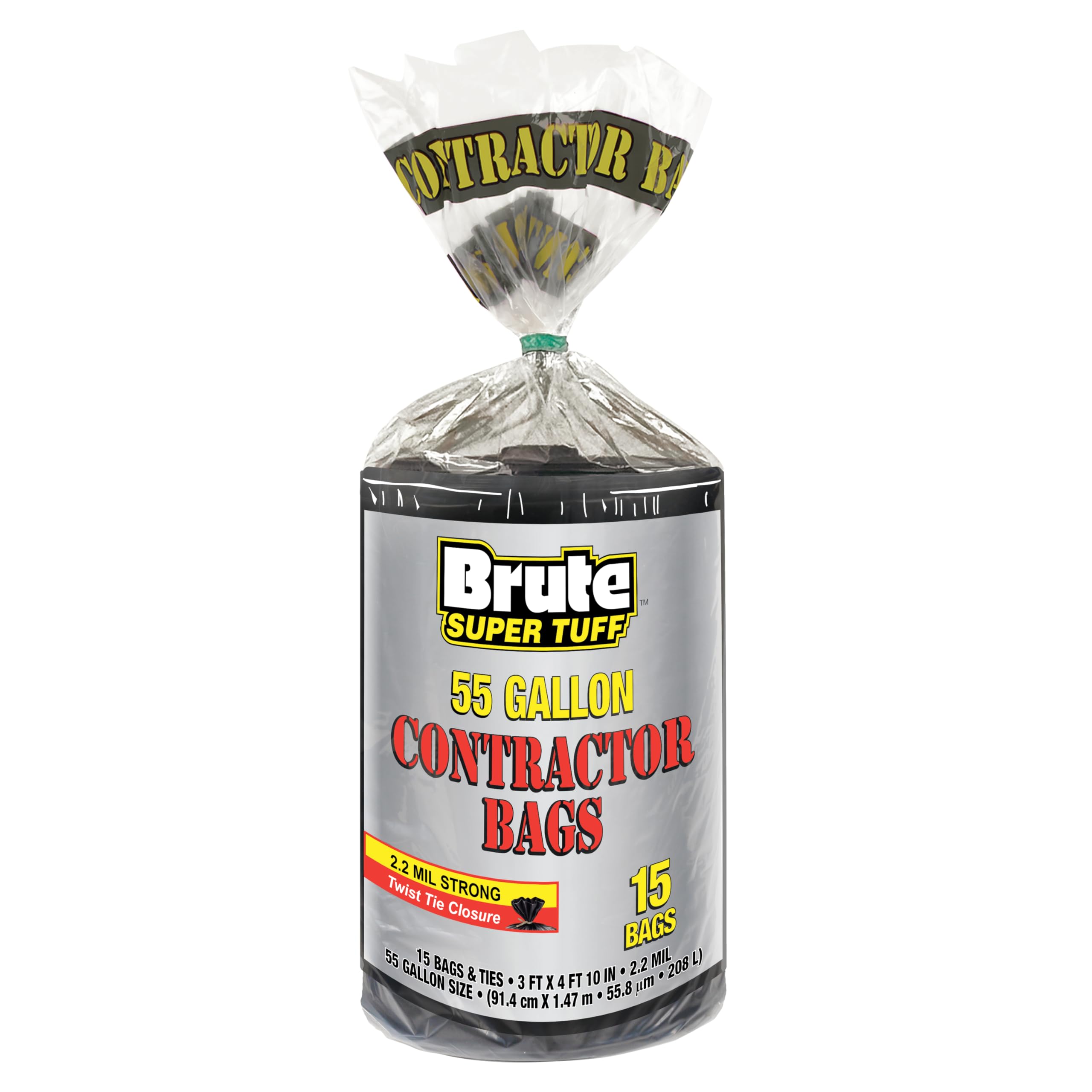 Brute Super Tuff Heavy Duty Contractor Bags, Large Trash Bags, Twist Tie Closure, Black, 55 Gallon, 15 Count