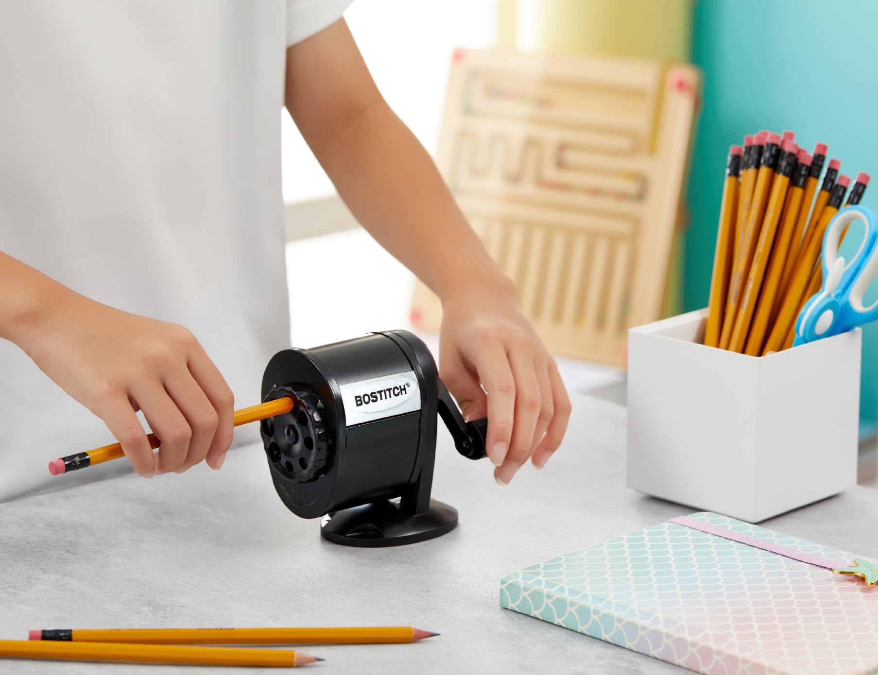 Bostitch Office Wall Mount Manual Pencil Sharpener, Tip Saver, 8 Hole Dial, 6X Longer Cutter Life, Vertical or Horizontal Mounting Black (MPS1-BLK)