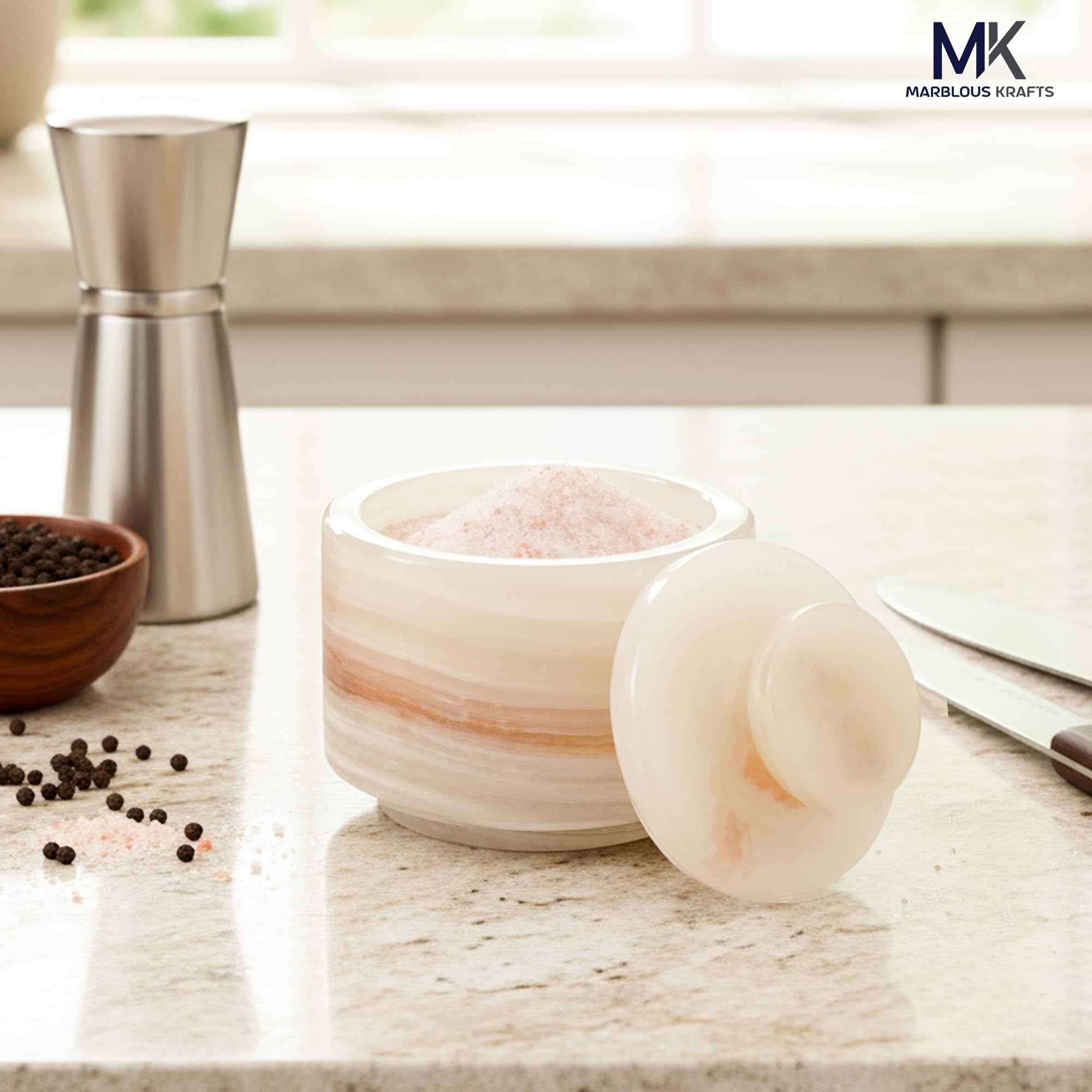 MARBLOUS KRAFTS stylish marble sugar dispenser 3" X 3" salt cellar, single salt container with lid (White Onyx)