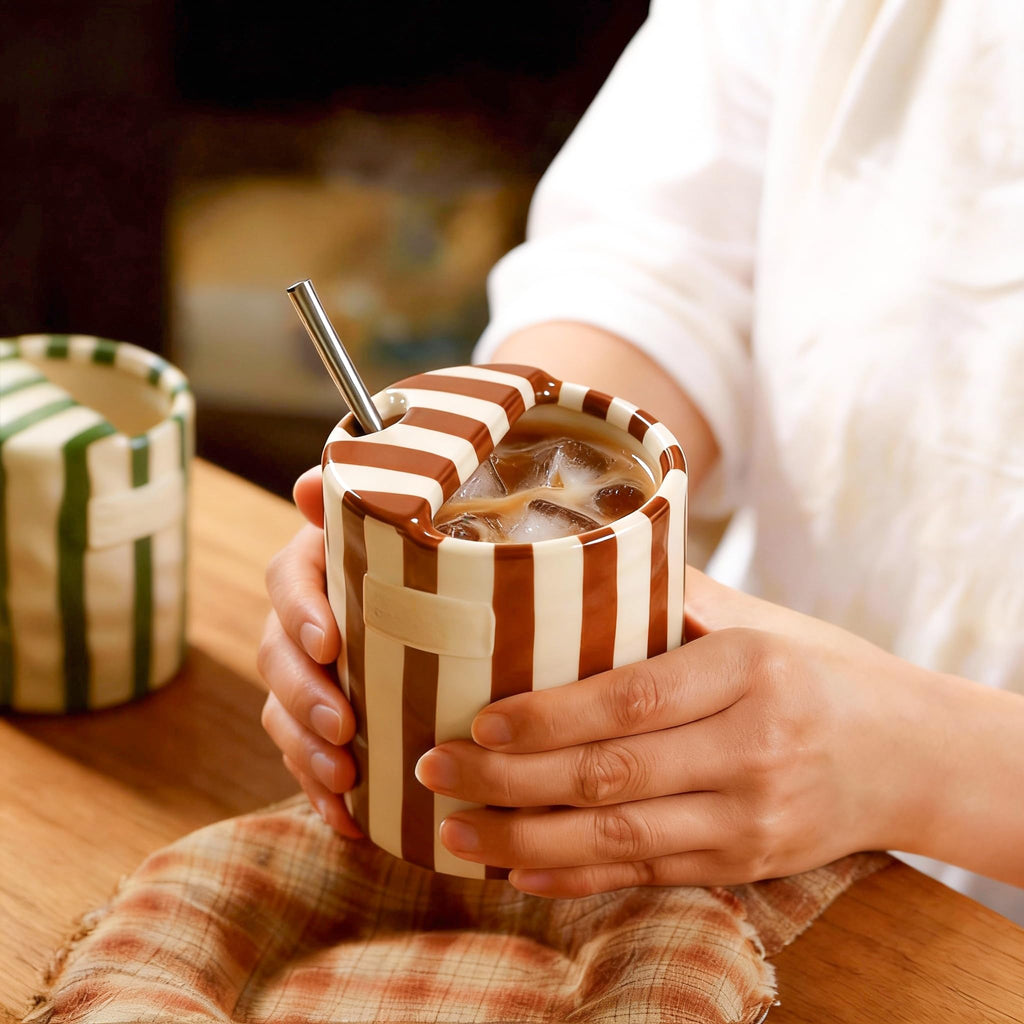 WATNTOW Ceramic Coffee Mug, Coffee Mug Espresso Cup 10oz Ceramic Coffee Mugs, Large Pottery Tea Mug Hand-Painted Striped Art Double-Enjoy Multiple Use for Kitchen, Dining (Brown)