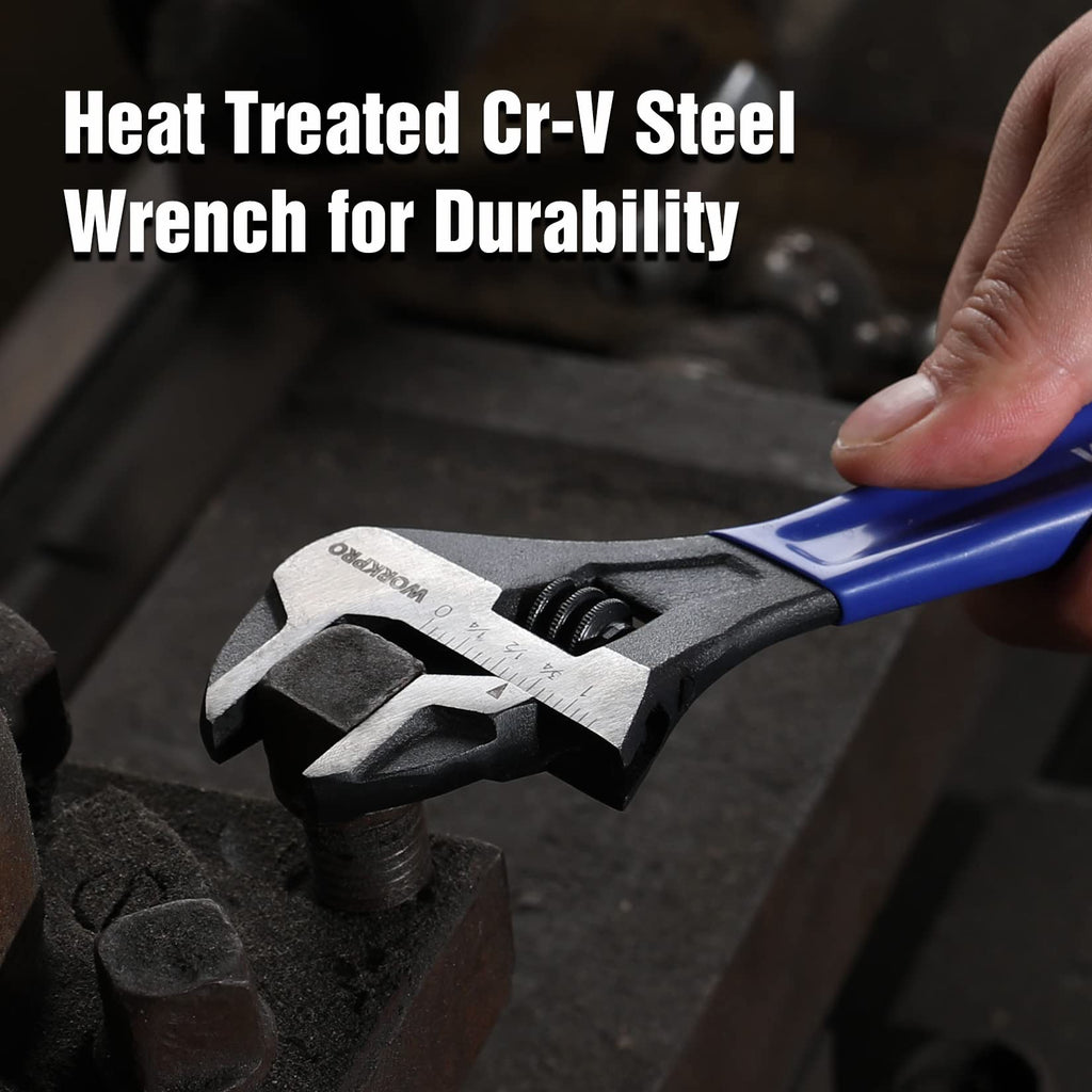 WORKPRO 8-Inch Adjustable Wrench, Cr-V Steel Wrench, Wide Jaw Black Oxide Wrench, Metric & SAE Scales, for Home, Garage, Workshop and DIY - Blue